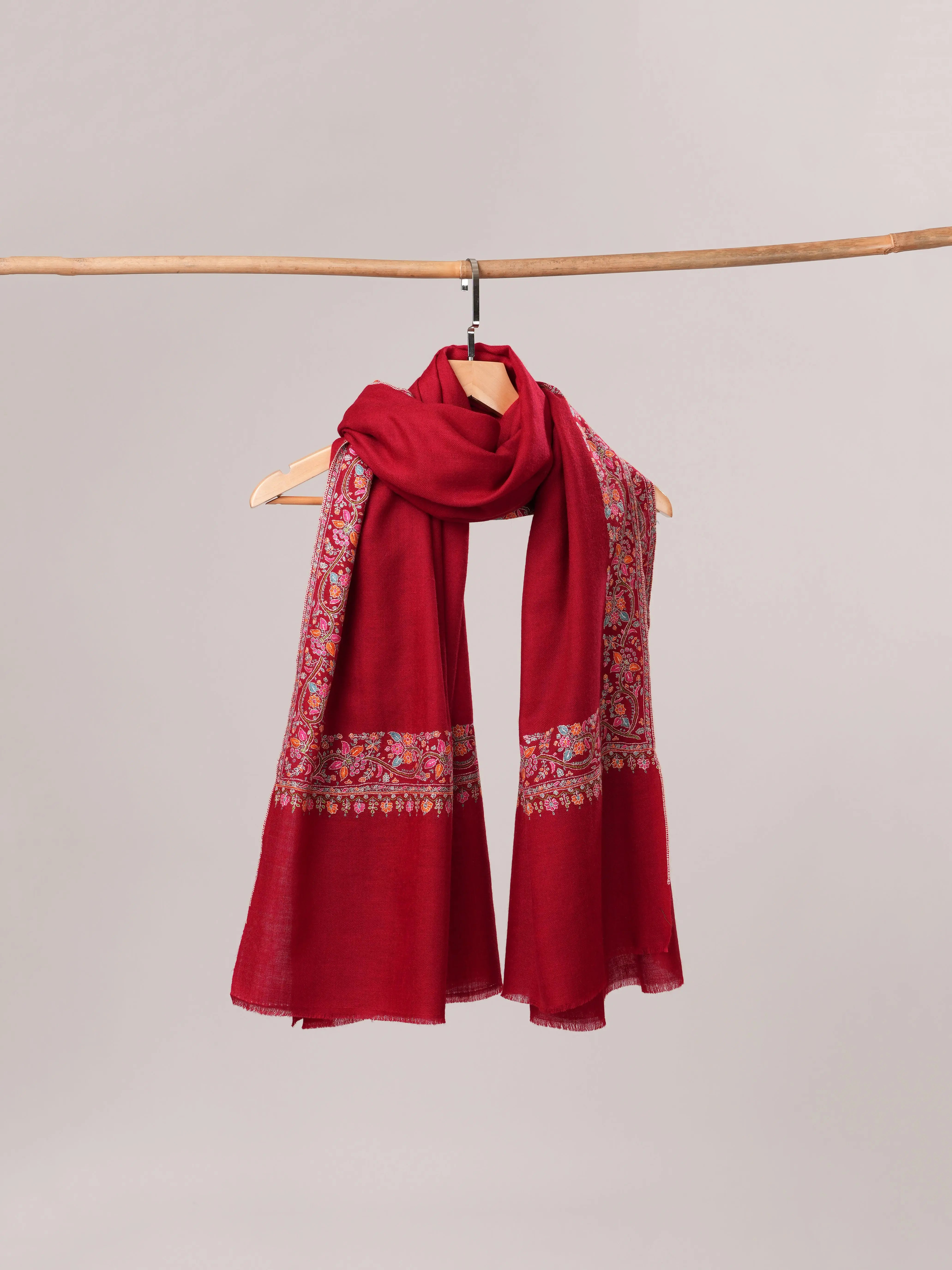 Red Neemdaur Hand Embroidered Pashmina Shawl Shahkaar.com