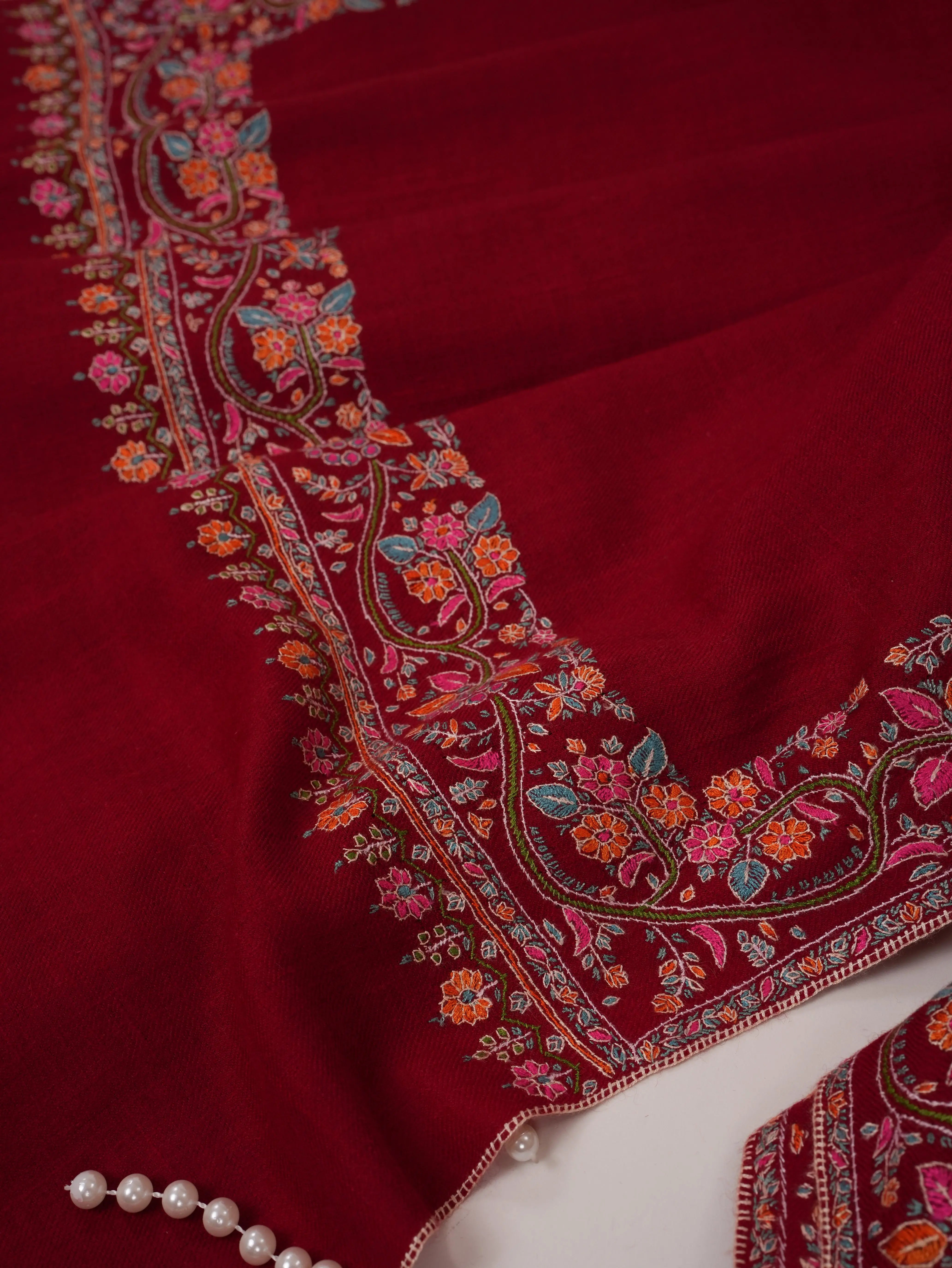 Red Neemdaur Hand Embroidered Pashmina Shawl Shahkaar.com