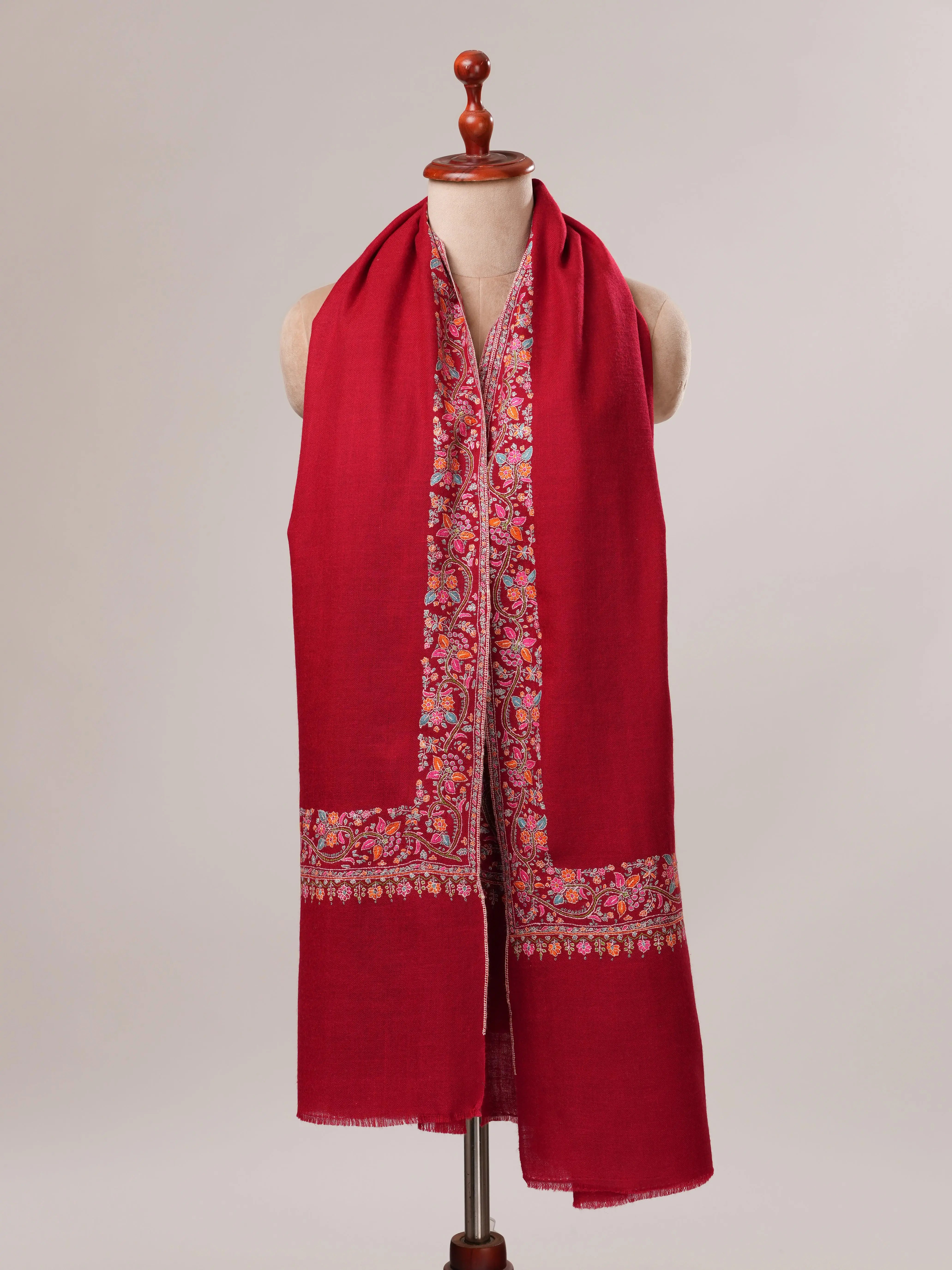 Red Neemdaur Hand Embroidered Pashmina Shawl Shahkaar.com