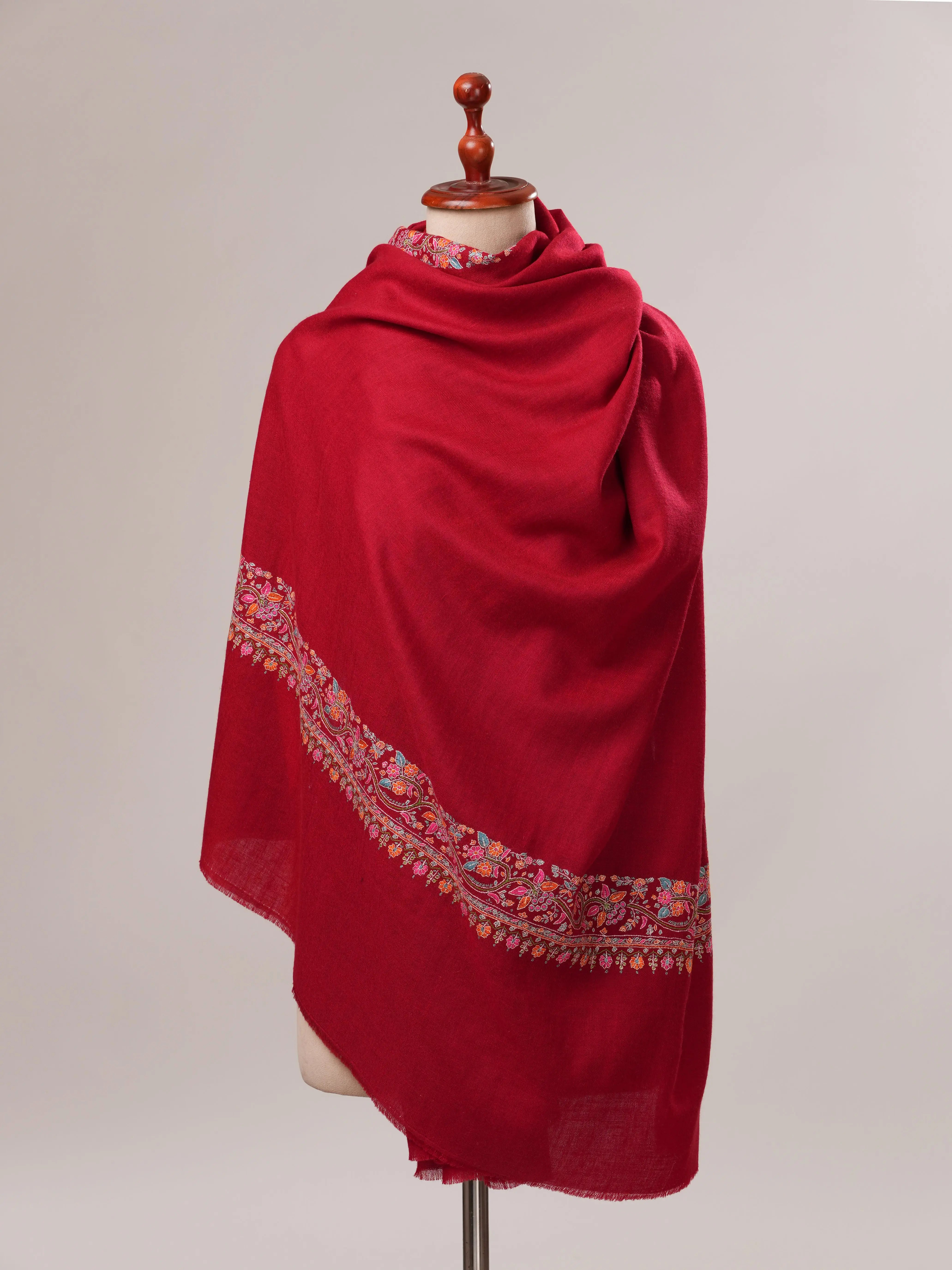 Red Neemdaur Hand Embroidered Pashmina Shawl Shahkaar.com