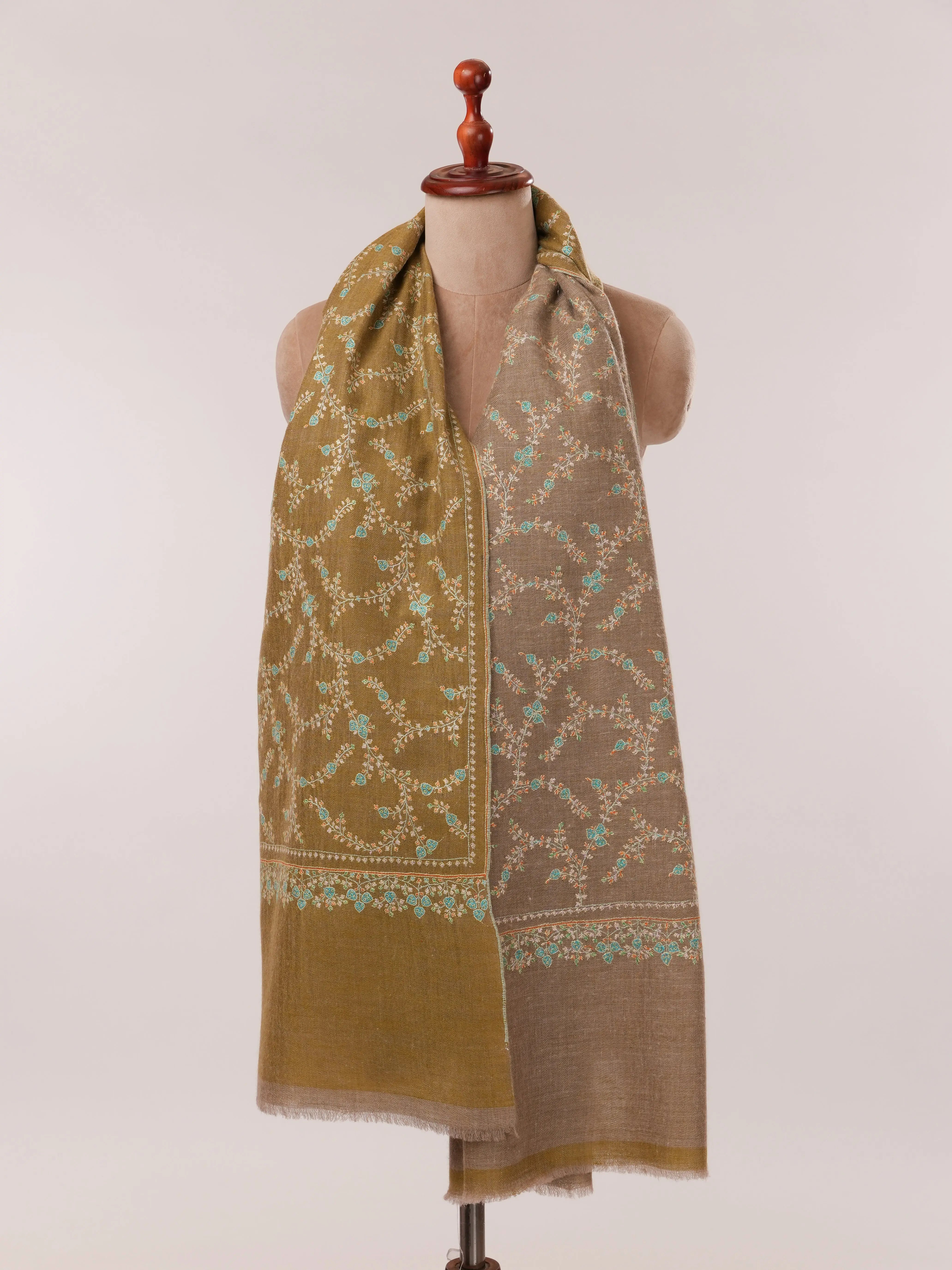 Soft Grey and Natural Taupe Dual Tone Pashmina with Hand Embroidery Shahkaar.com
