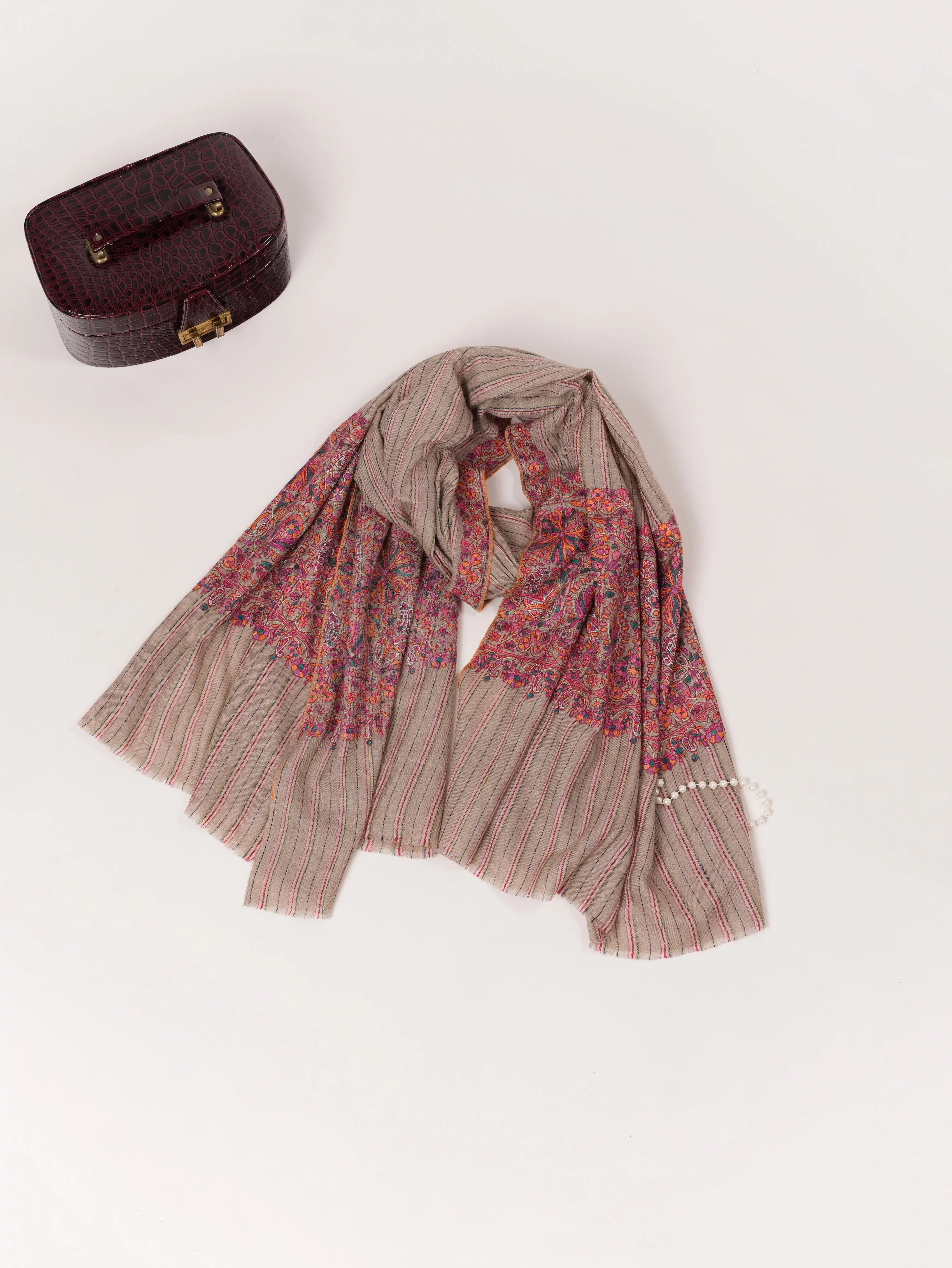 Pashmina Handwoven Shawl with Palldar Hand Papermachie Embroidery Shahkaar.com