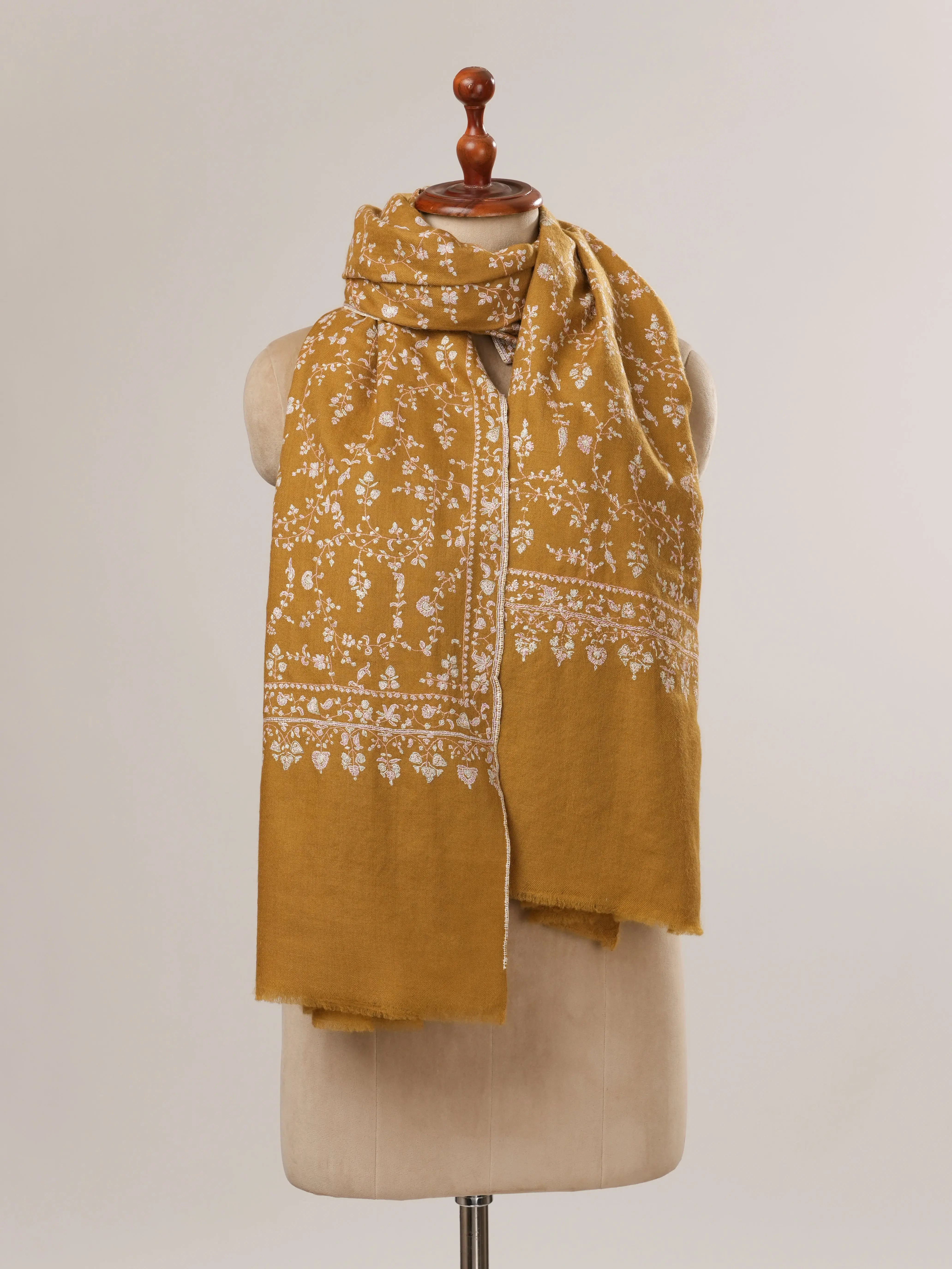 Mustard Pashmina Shawl with All Over Jali Hand Embroidery Shahkaar.com