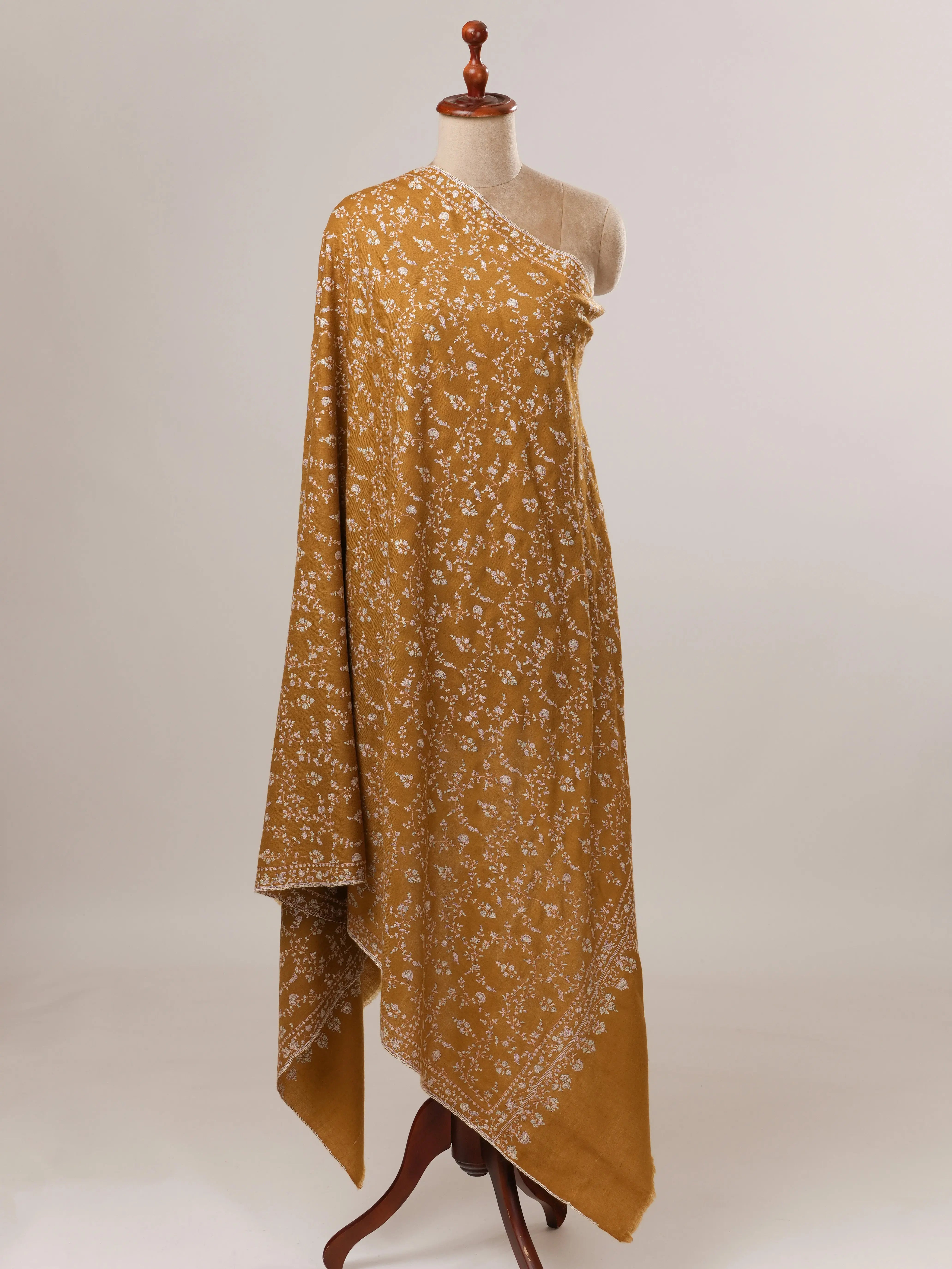 Mustard Pashmina Shawl with All Over Jali Hand Embroidery Shahkaar.com