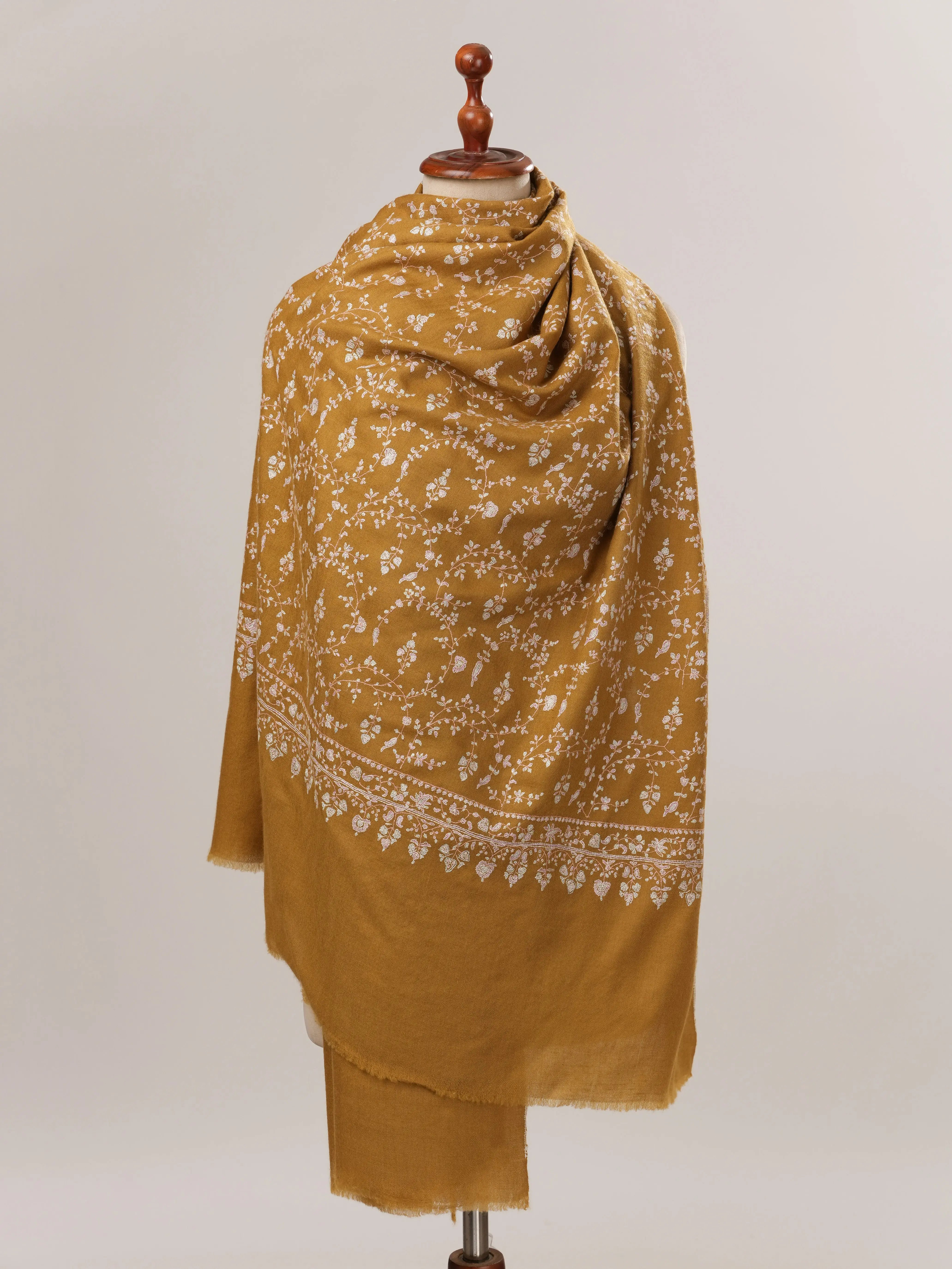 Mustard Pashmina Shawl with All Over Jali Hand Embroidery Shahkaar.com