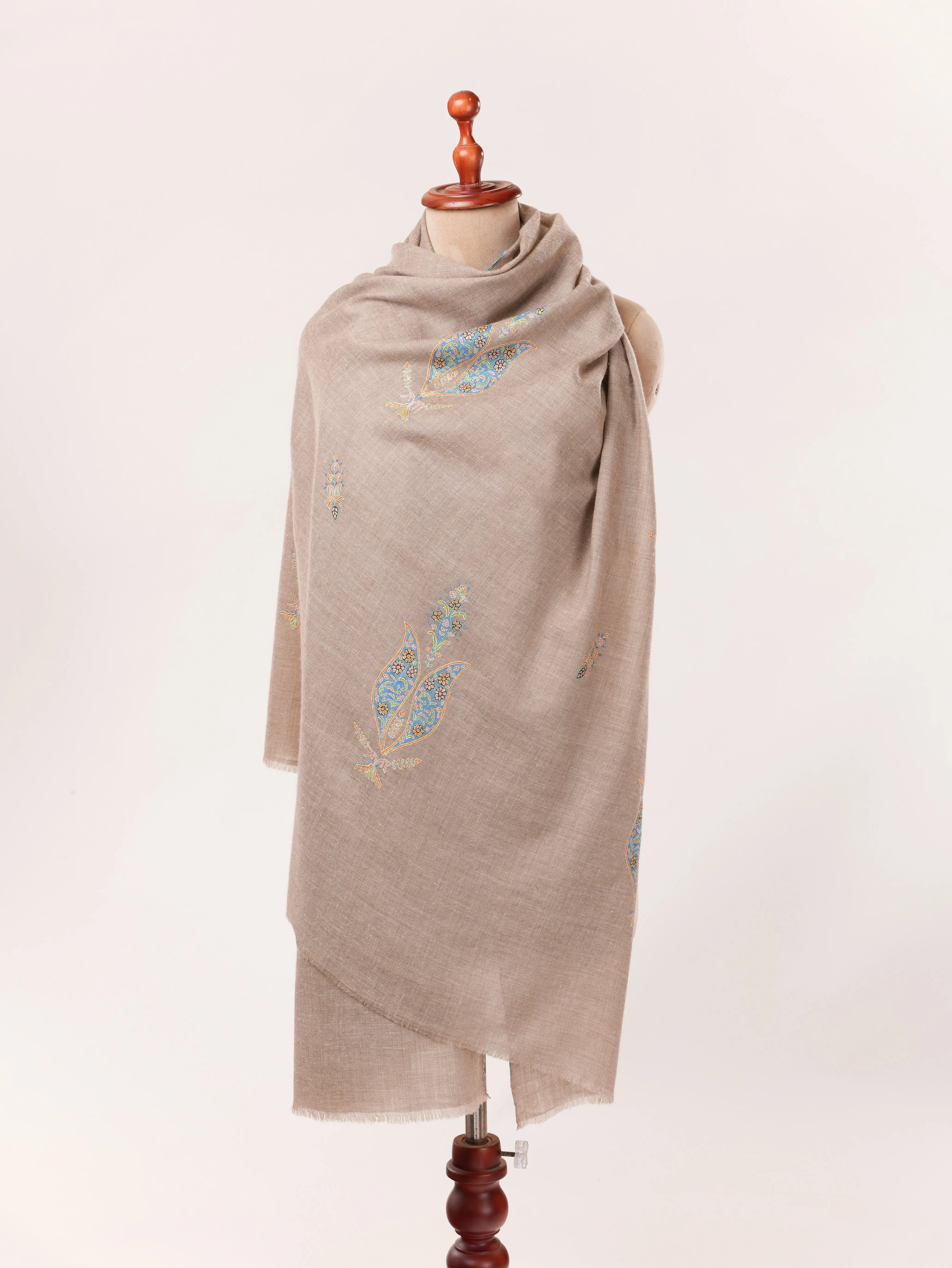 Luxurious Butidar Handwoven Kashmiri Pashmina Natural Taupe Shawl with Hand Sozni Embroidery Shahkaar.com