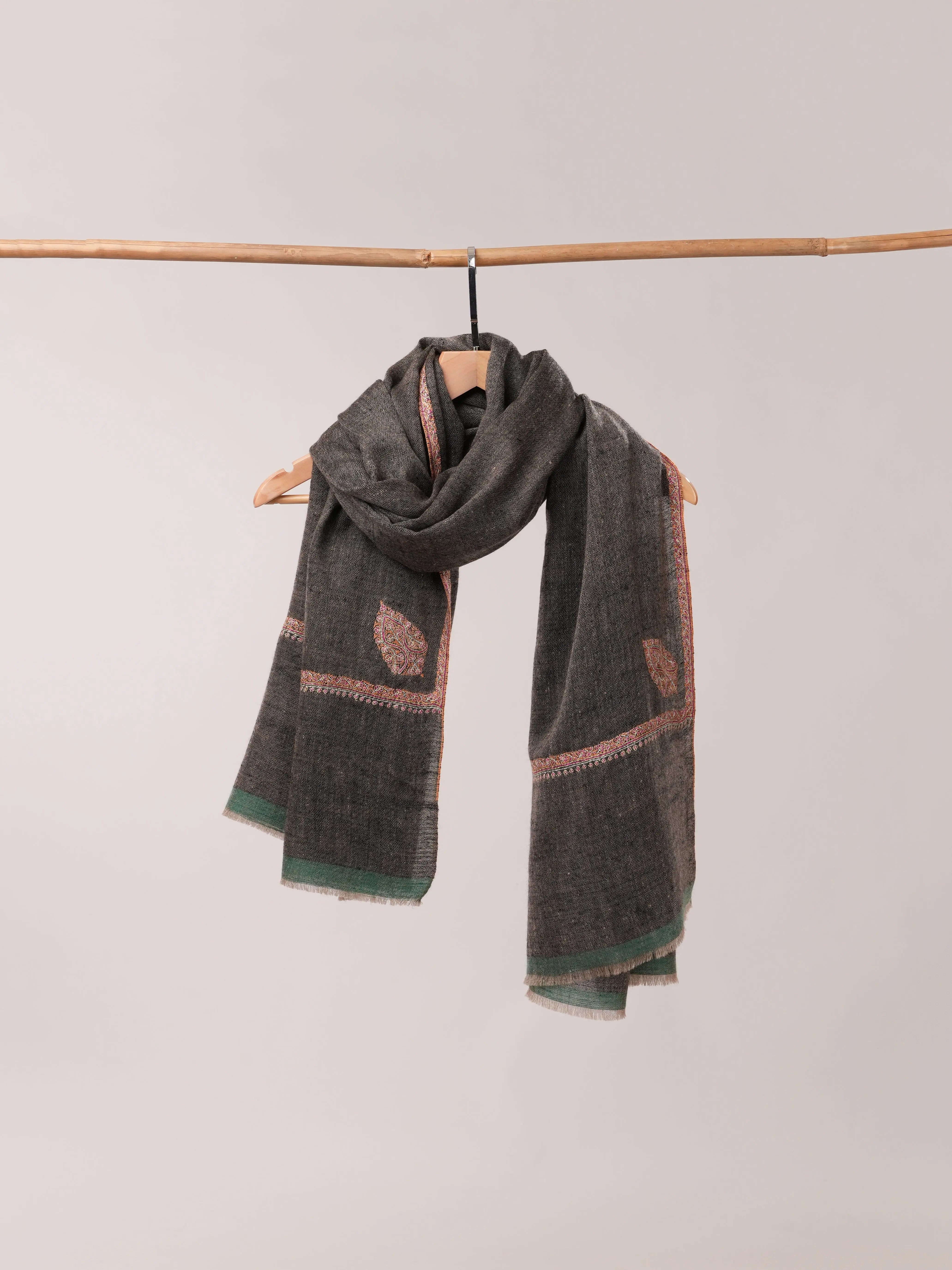 Black Pashmina Shawl with Bail Classic Hand Embroidery Shahkaar.com