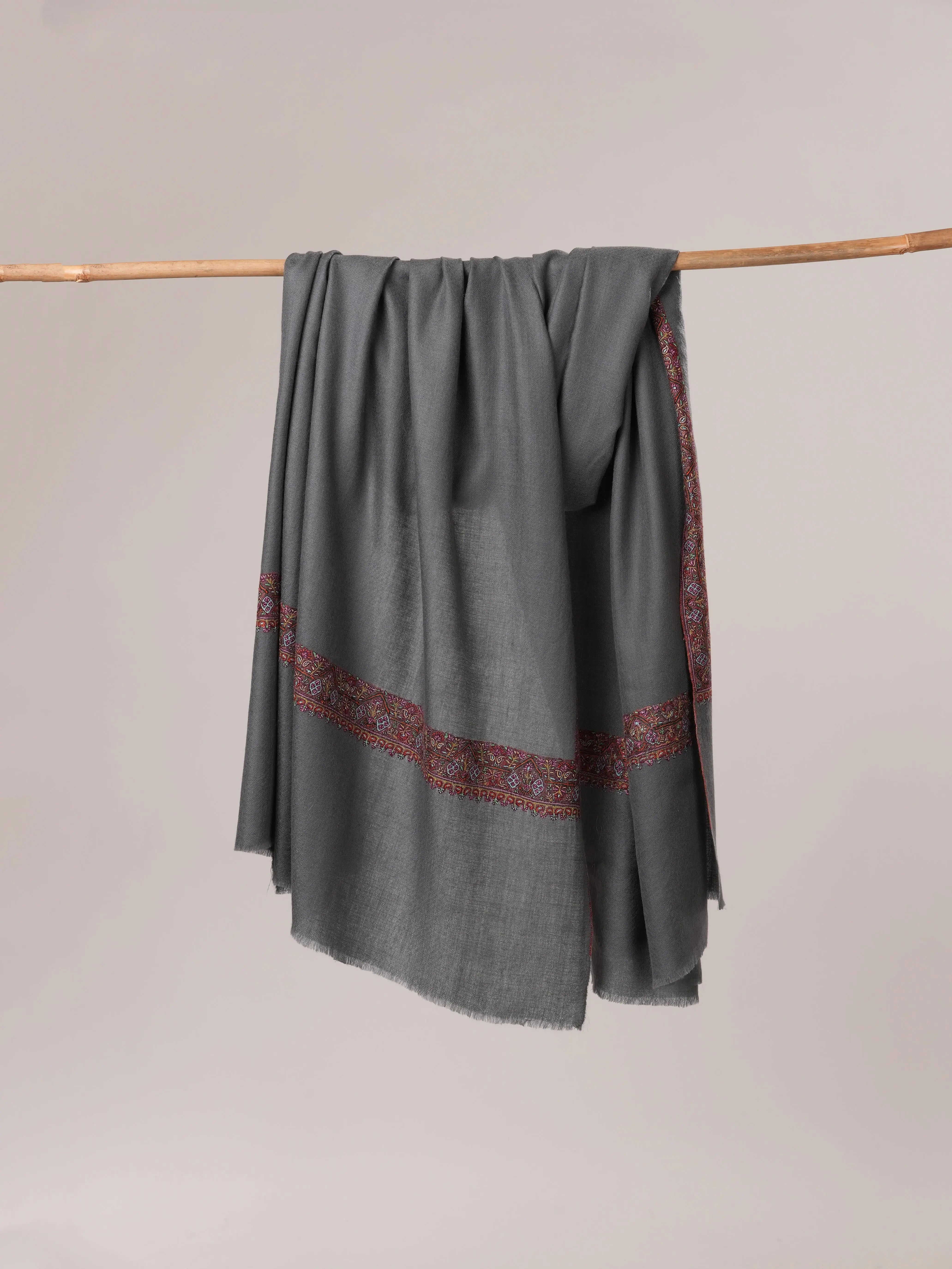 Grey Pure Pashmina Shawl with Neemdaur Hand Embroidery Shahkaar.com