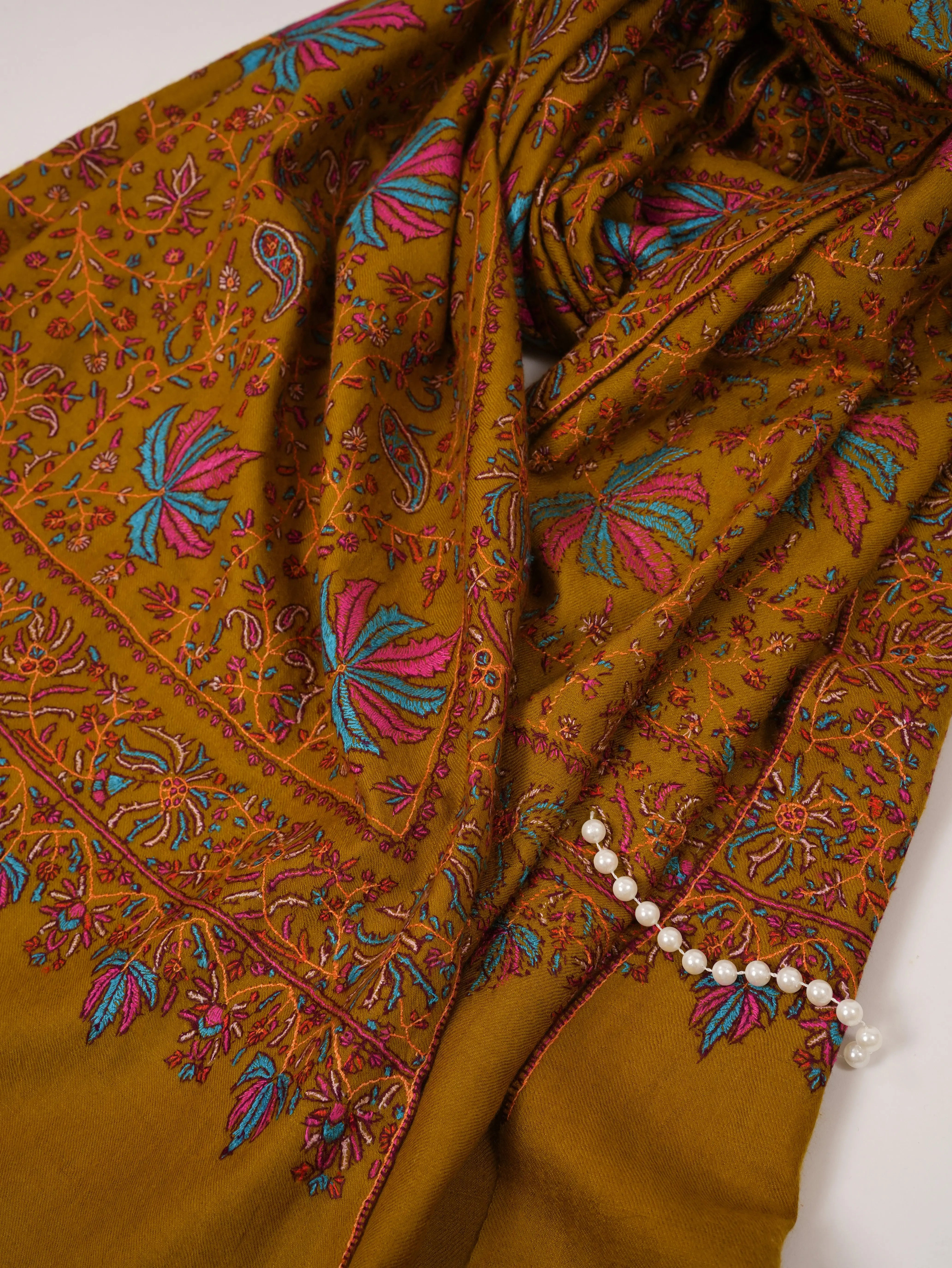 Mustard Soft Pashmina Shawl with All Over Hand Embroidery Shahkaar.com