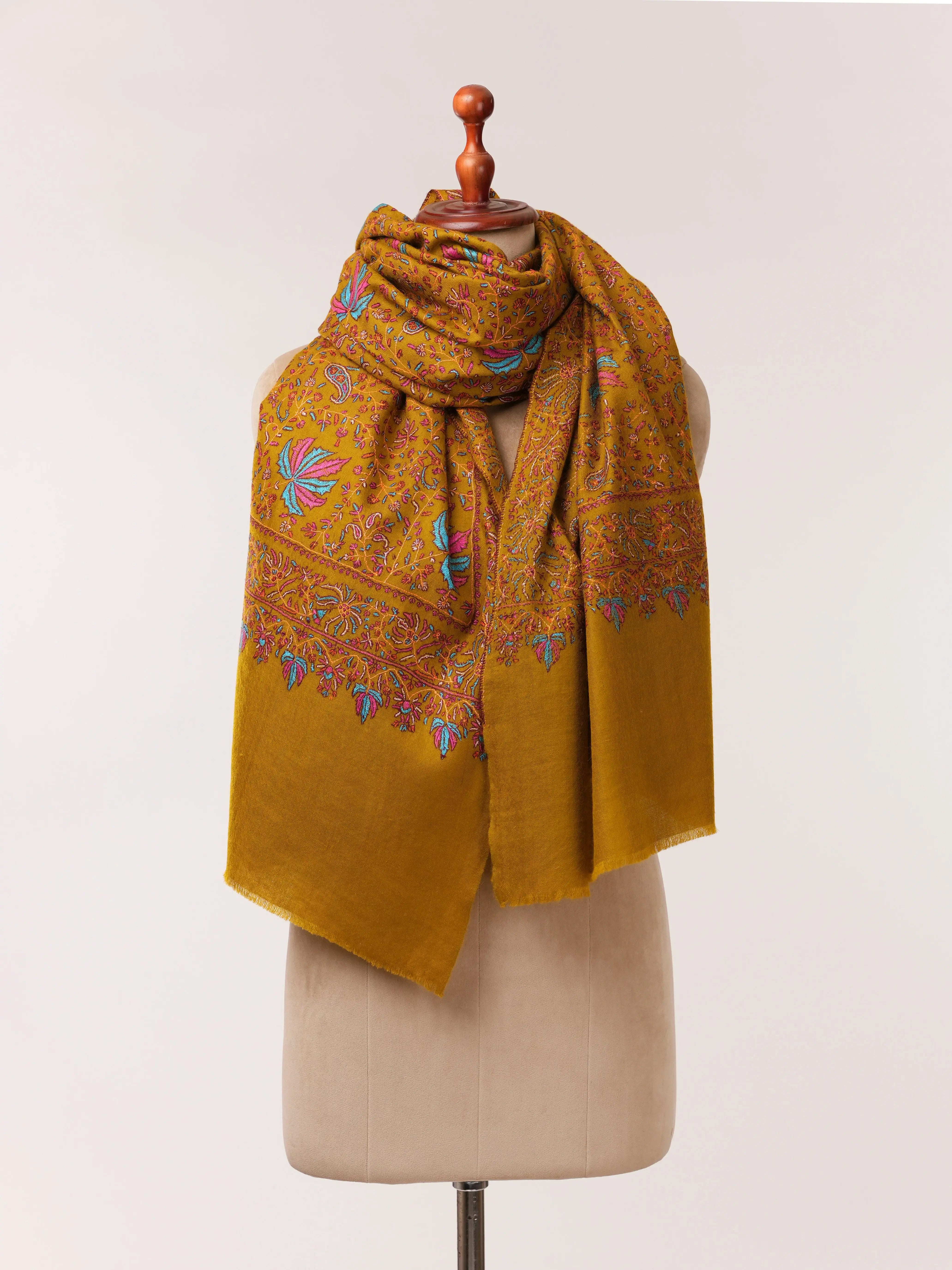 Mustard Soft Pashmina Shawl with All Over Hand Embroidery Shahkaar.com