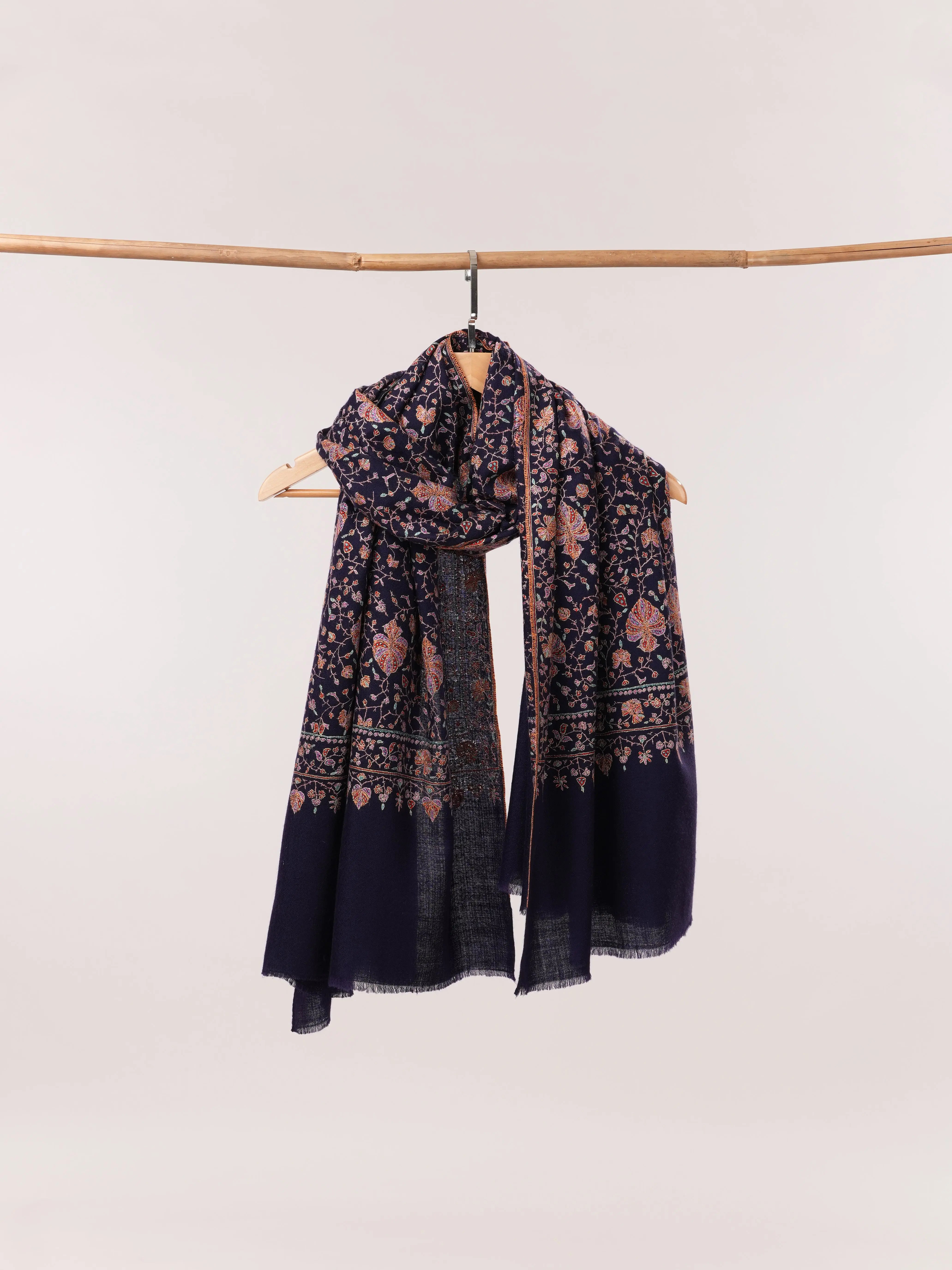 Navy Handwoven Pashmina Shawl with Sozni Hand Embroidery Shahkaar.com