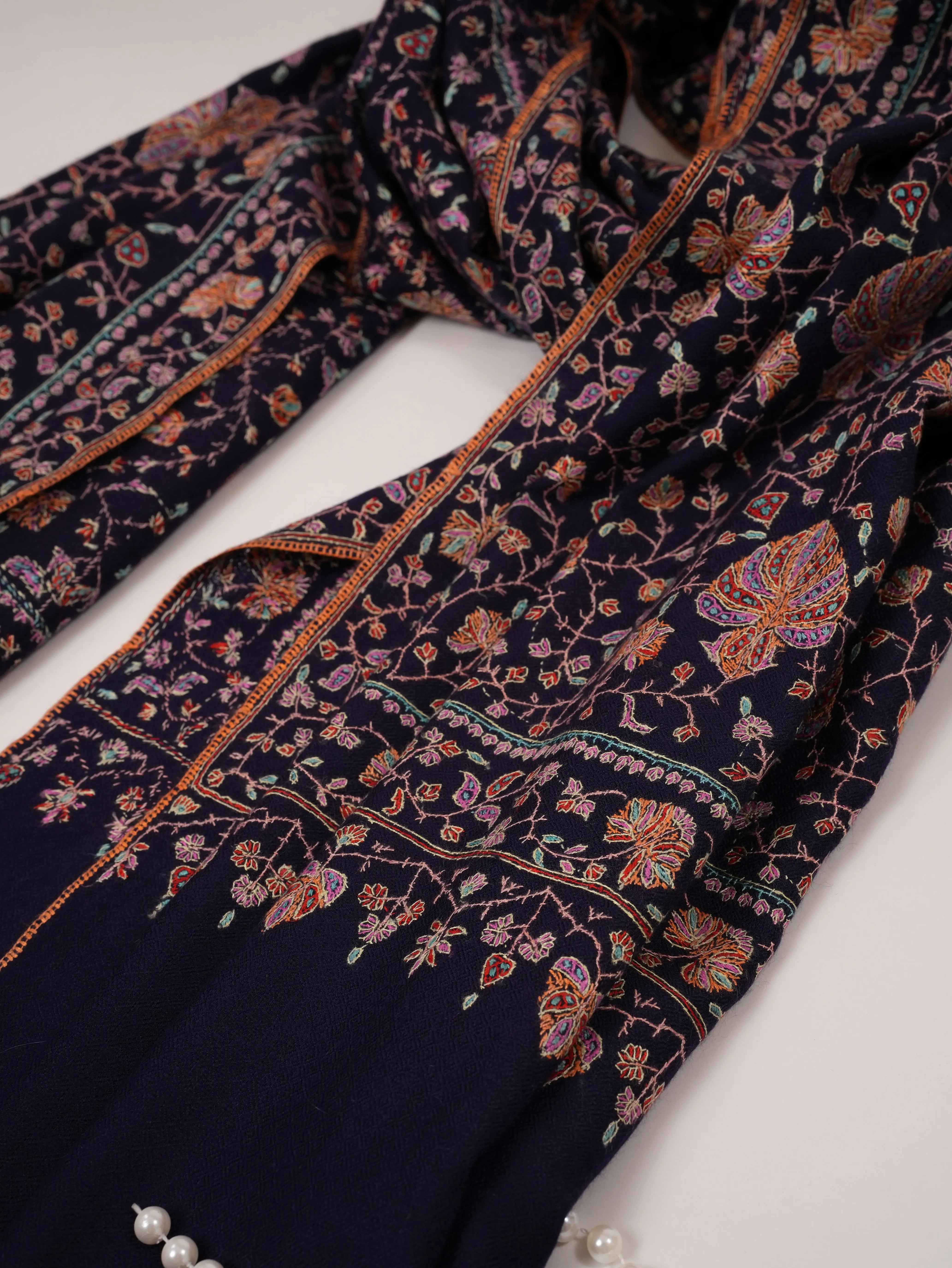 Navy Handwoven Pashmina Shawl with Sozni Hand Embroidery Shahkaar.com