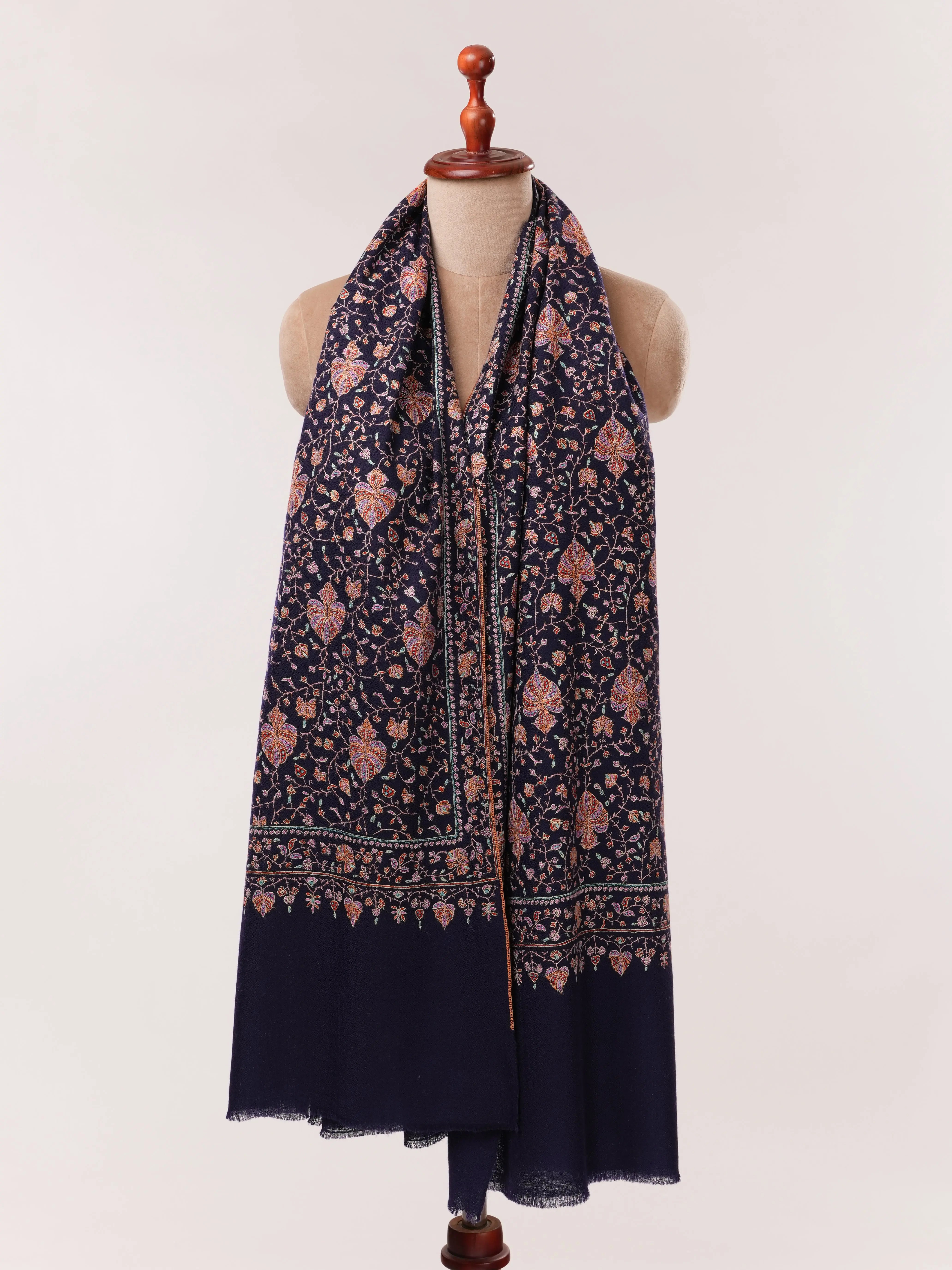 Navy Handwoven Pashmina Shawl with Sozni Hand Embroidery Shahkaar.com