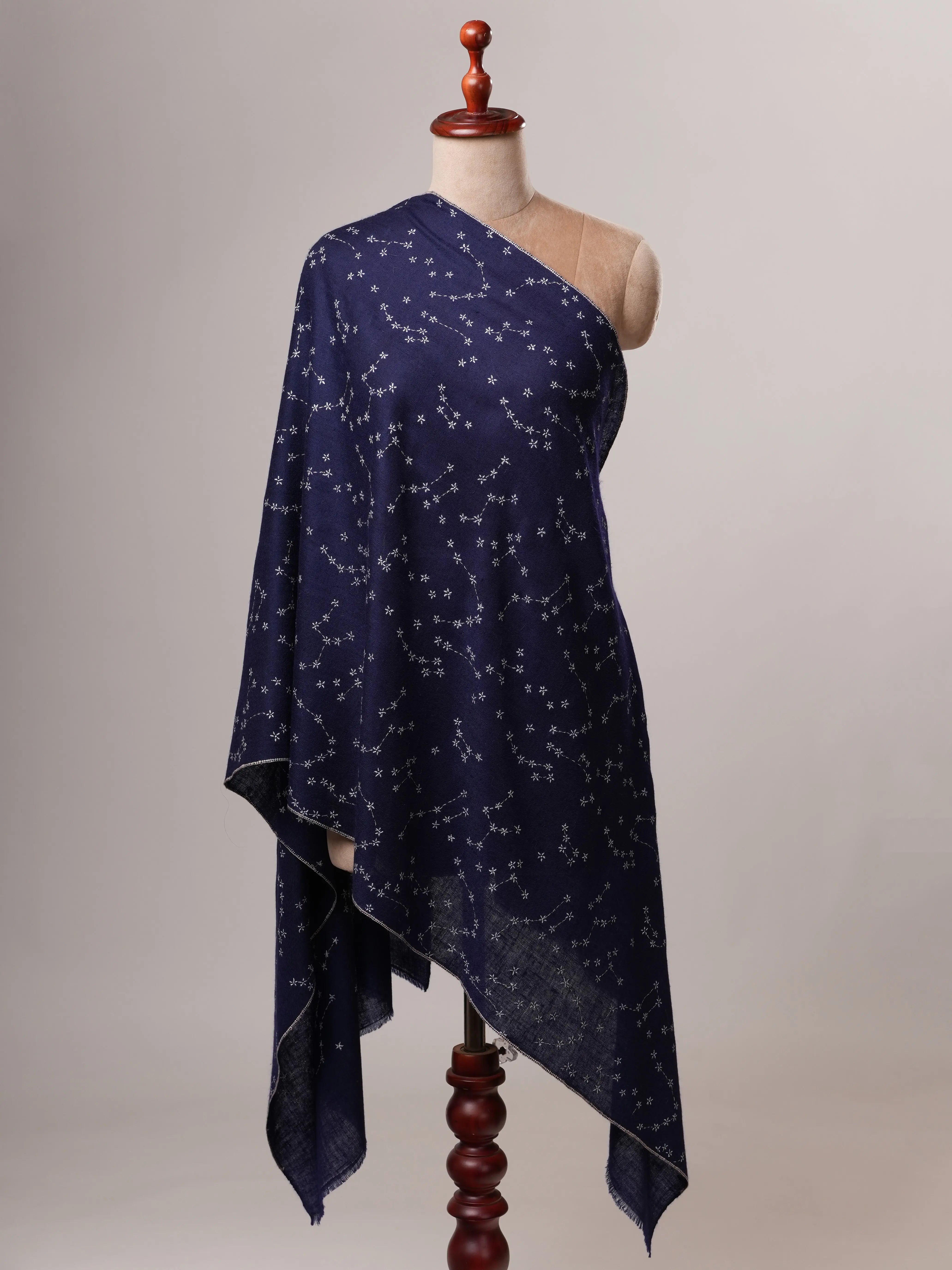 Navy Blue Soft Cashmere Scarf with Star Constellation Embroidery Shahkaar