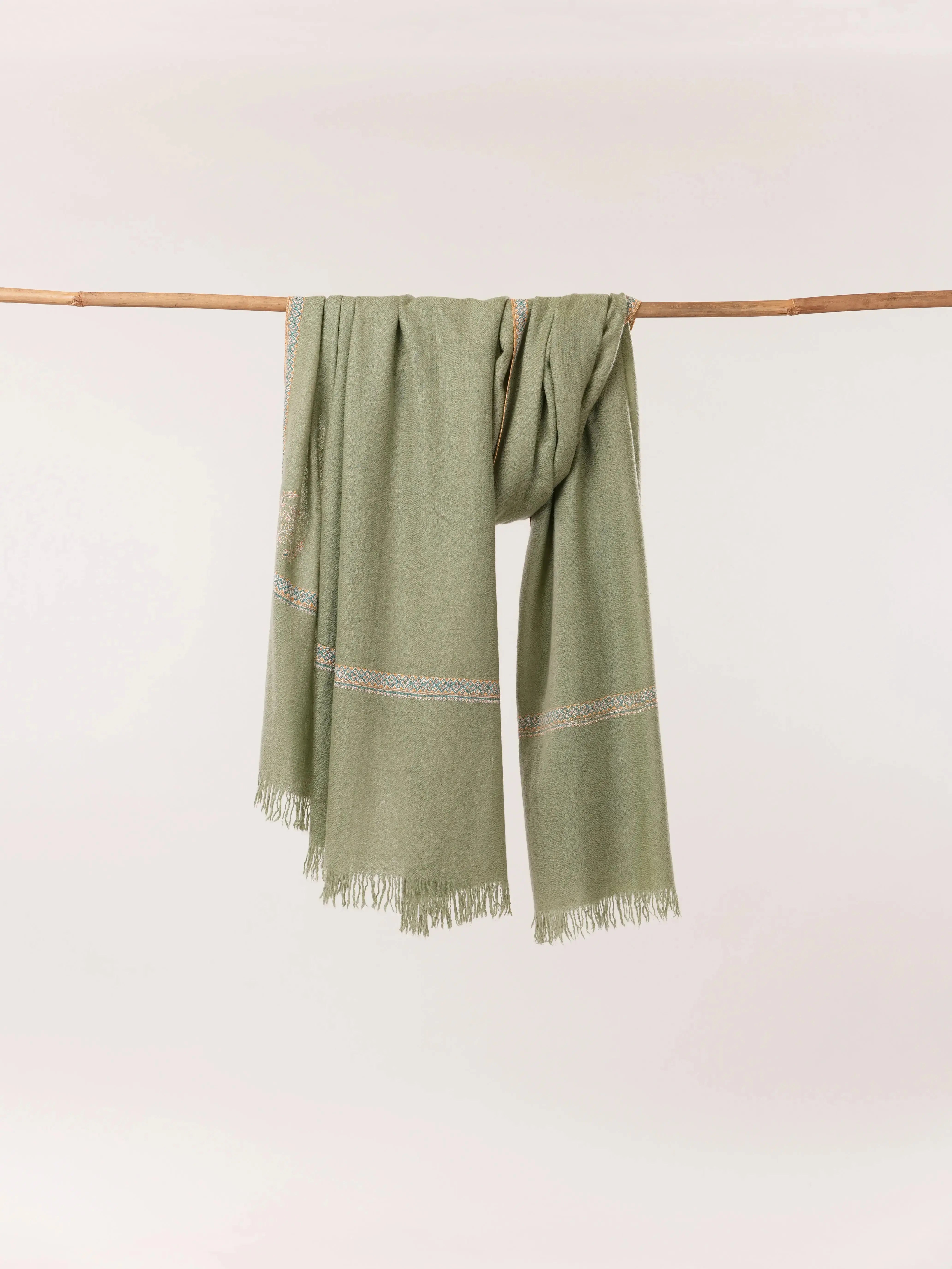 Handspun Green Kashmiri Handwoven Pashmina Shawl with Hashia Hand Sozni Embroidery Shahkaar.com