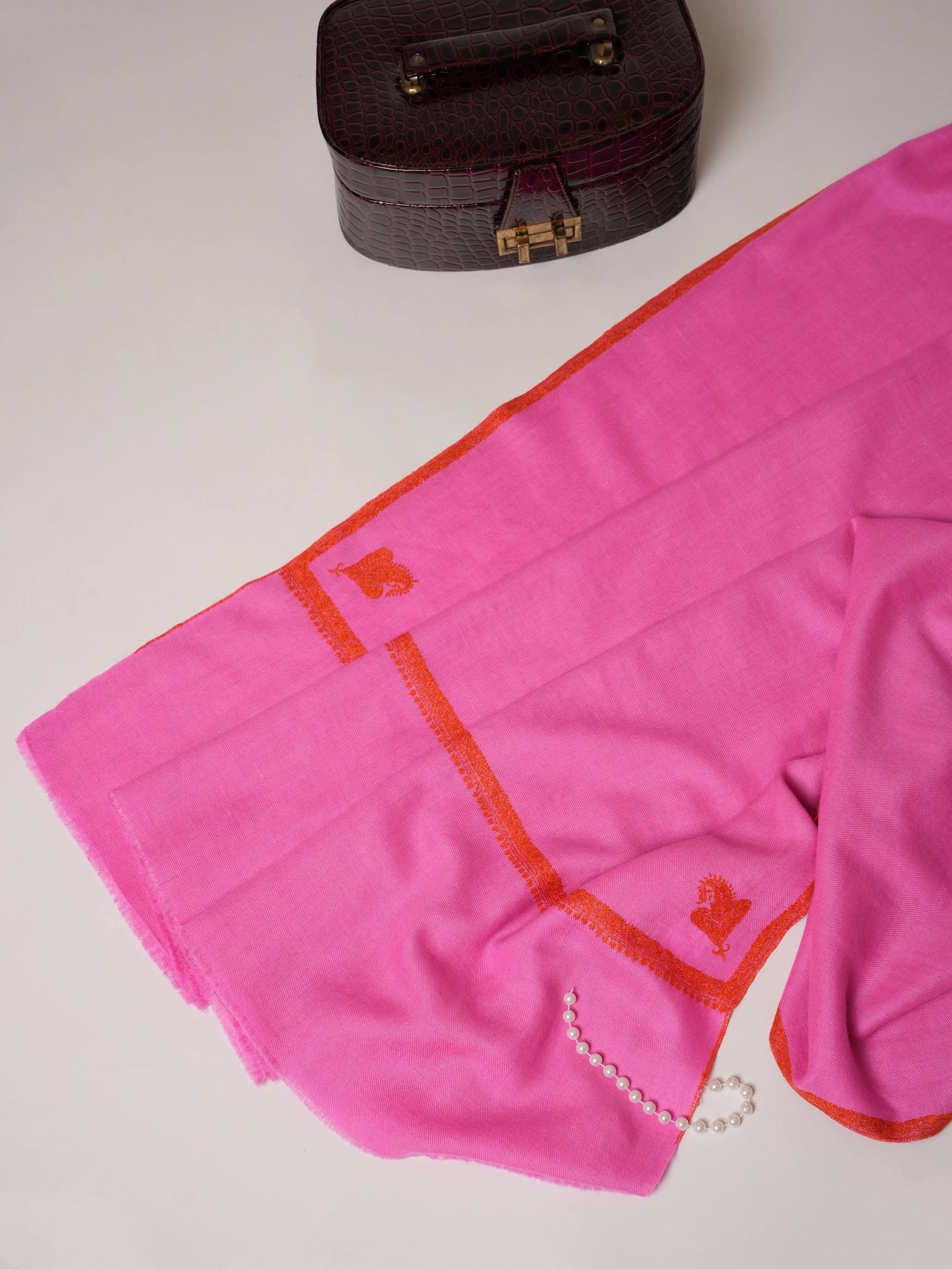Magenta Hashia Embroidered Handwoven Soft Pashmina Shawl Shahkaar.com
