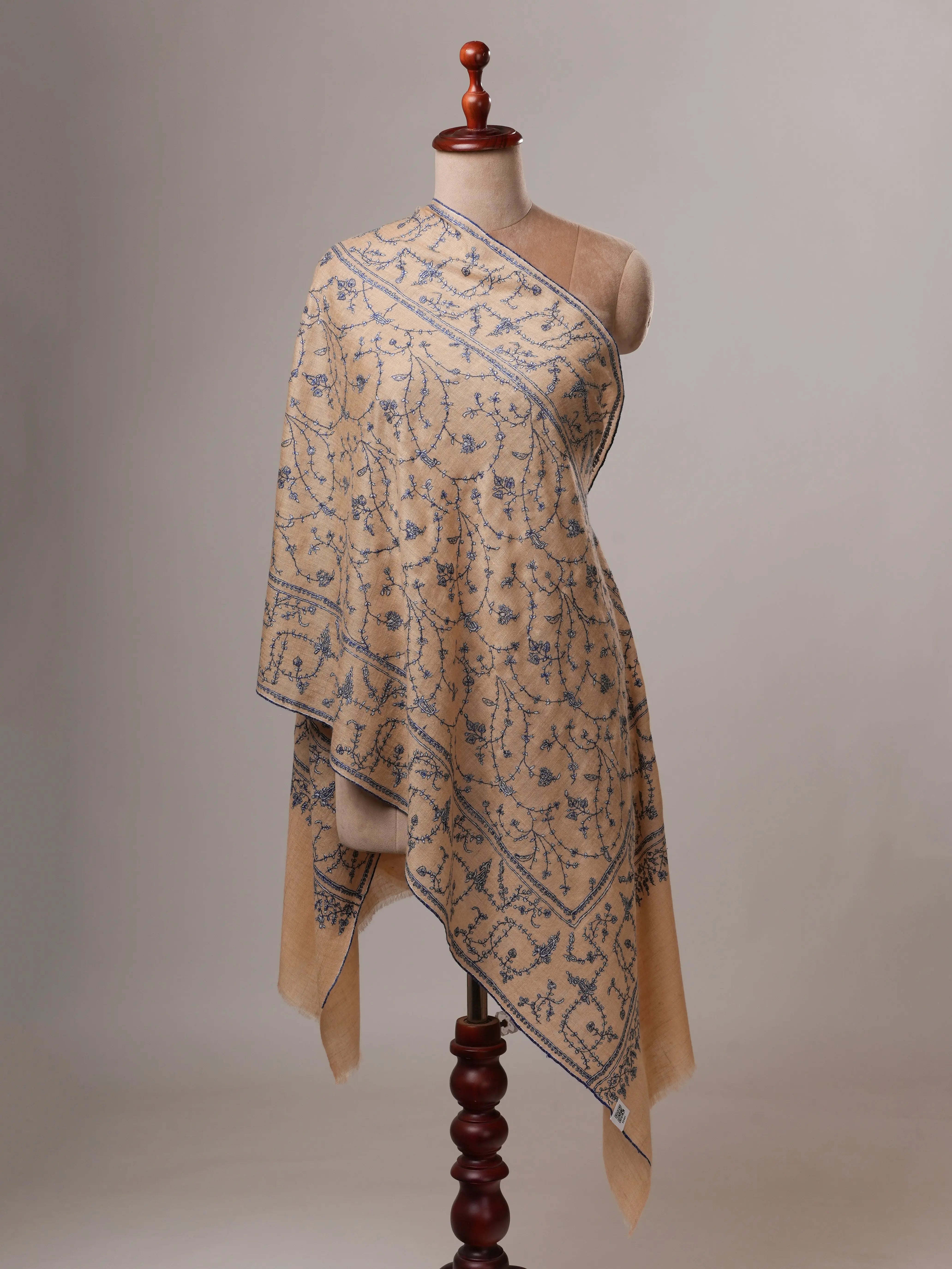 Tan Baby Soft Cashmere Scarf with All-Over Sozni Embroidery Shahkaar