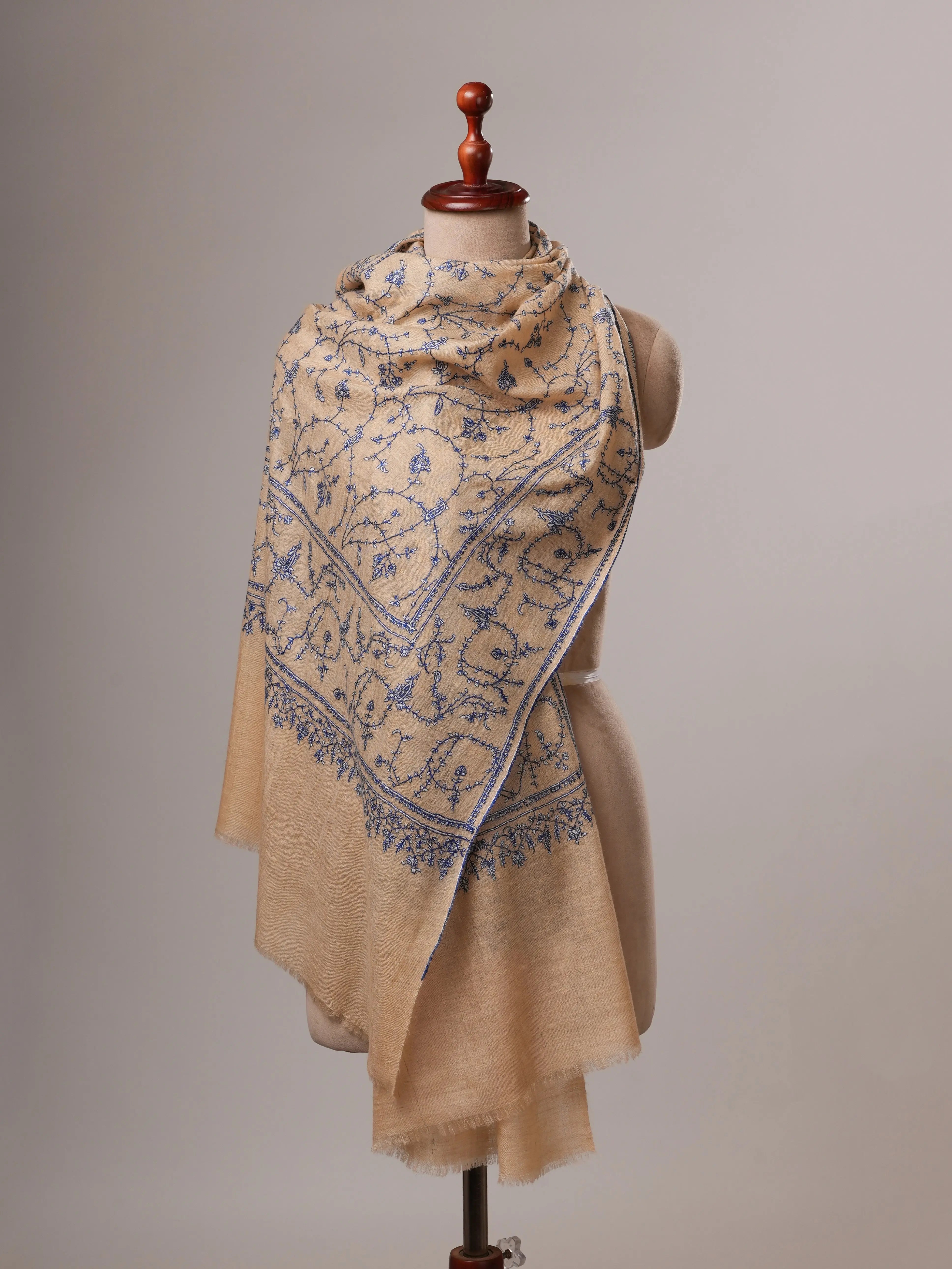 Tan Baby Soft Cashmere Scarf with All-Over Sozni Embroidery Shahkaar