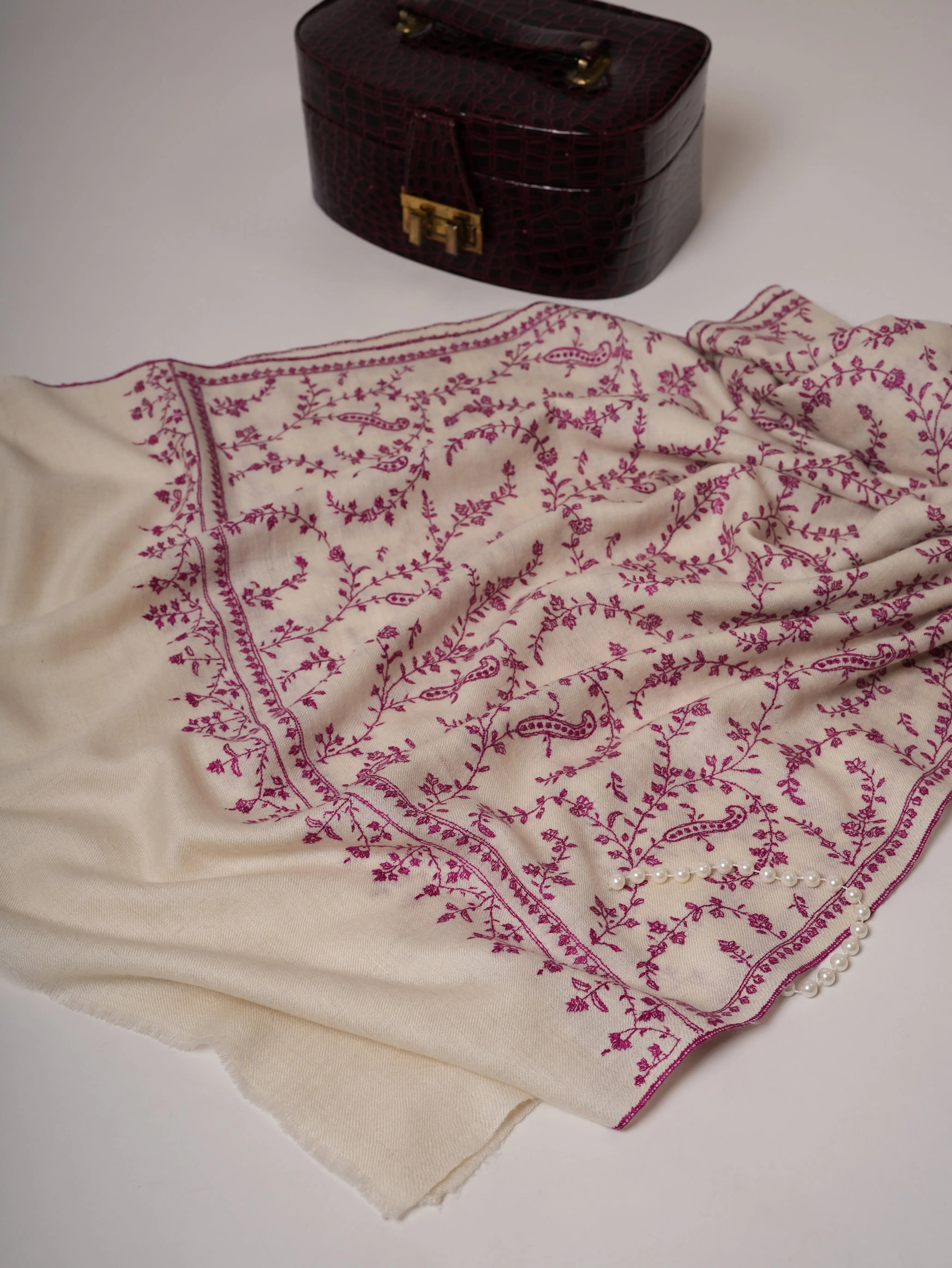 Natural White Baby Soft Cashmere Scarf with All-Over Purple Sozni Embroidery Shahkaar