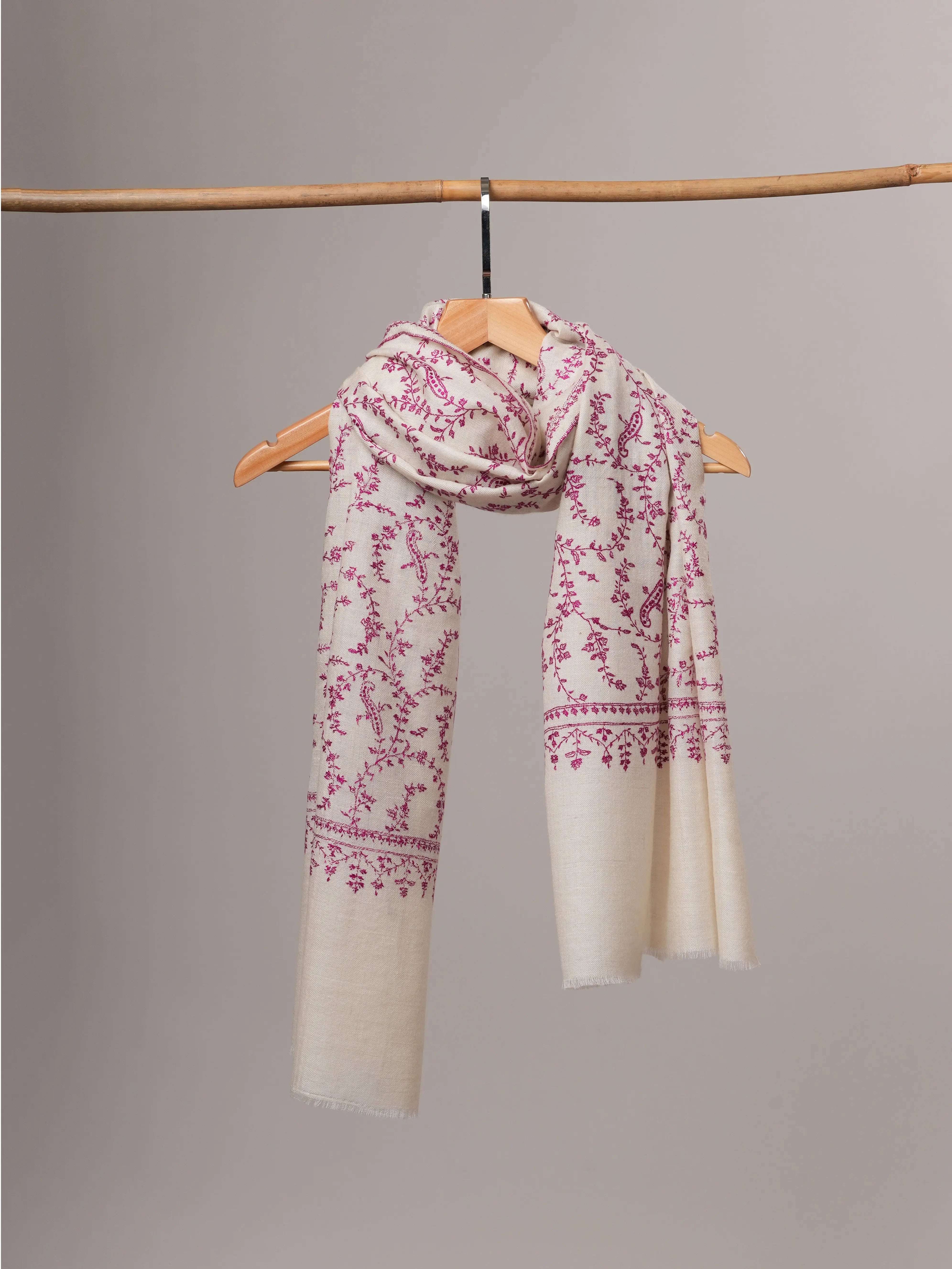 Natural White Baby Soft Cashmere Scarf with All-Over Purple Sozni Embroidery Shahkaar
