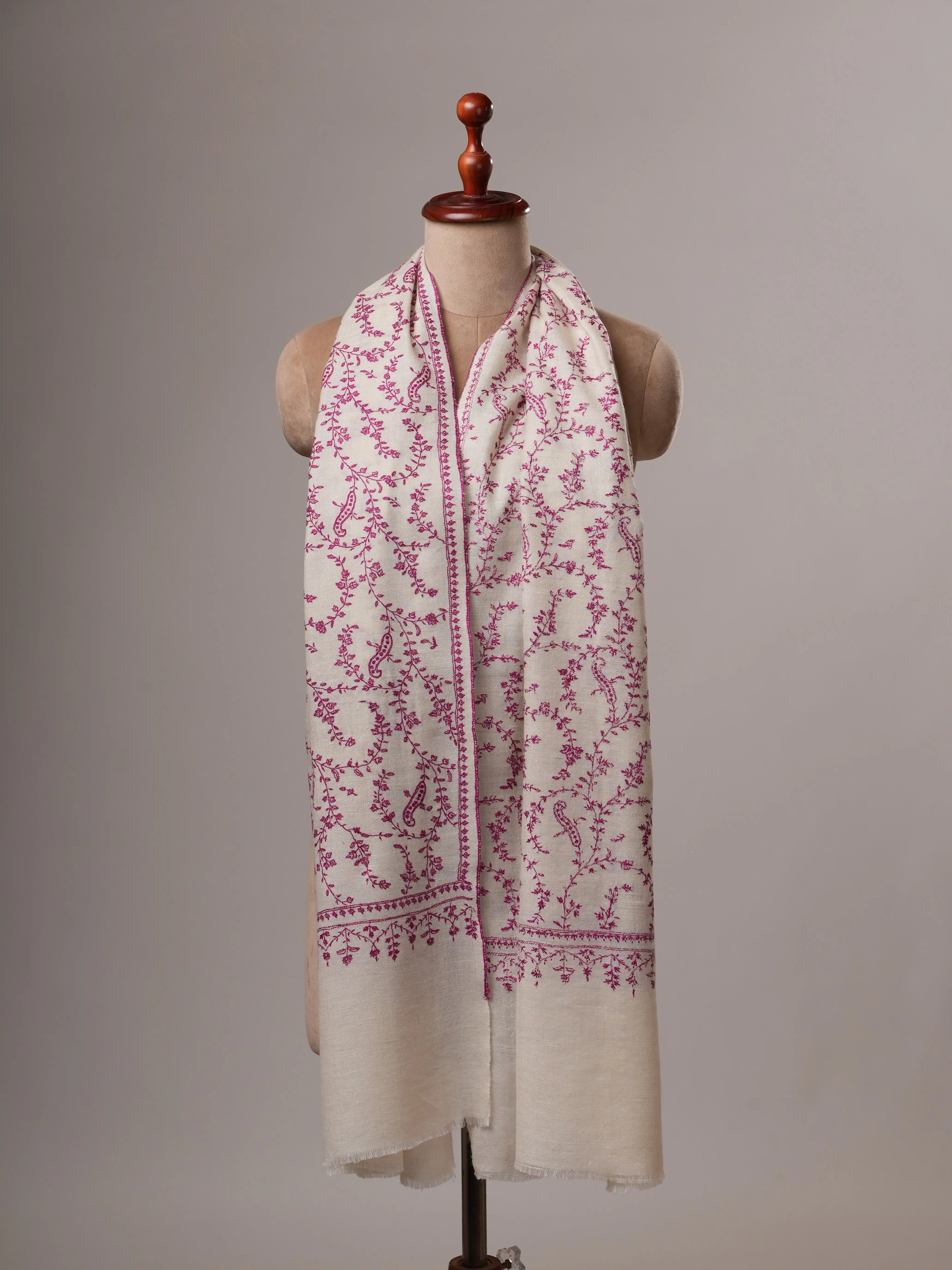 Natural White Baby Soft Cashmere Scarf with All-Over Purple Sozni Embroidery Shahkaar