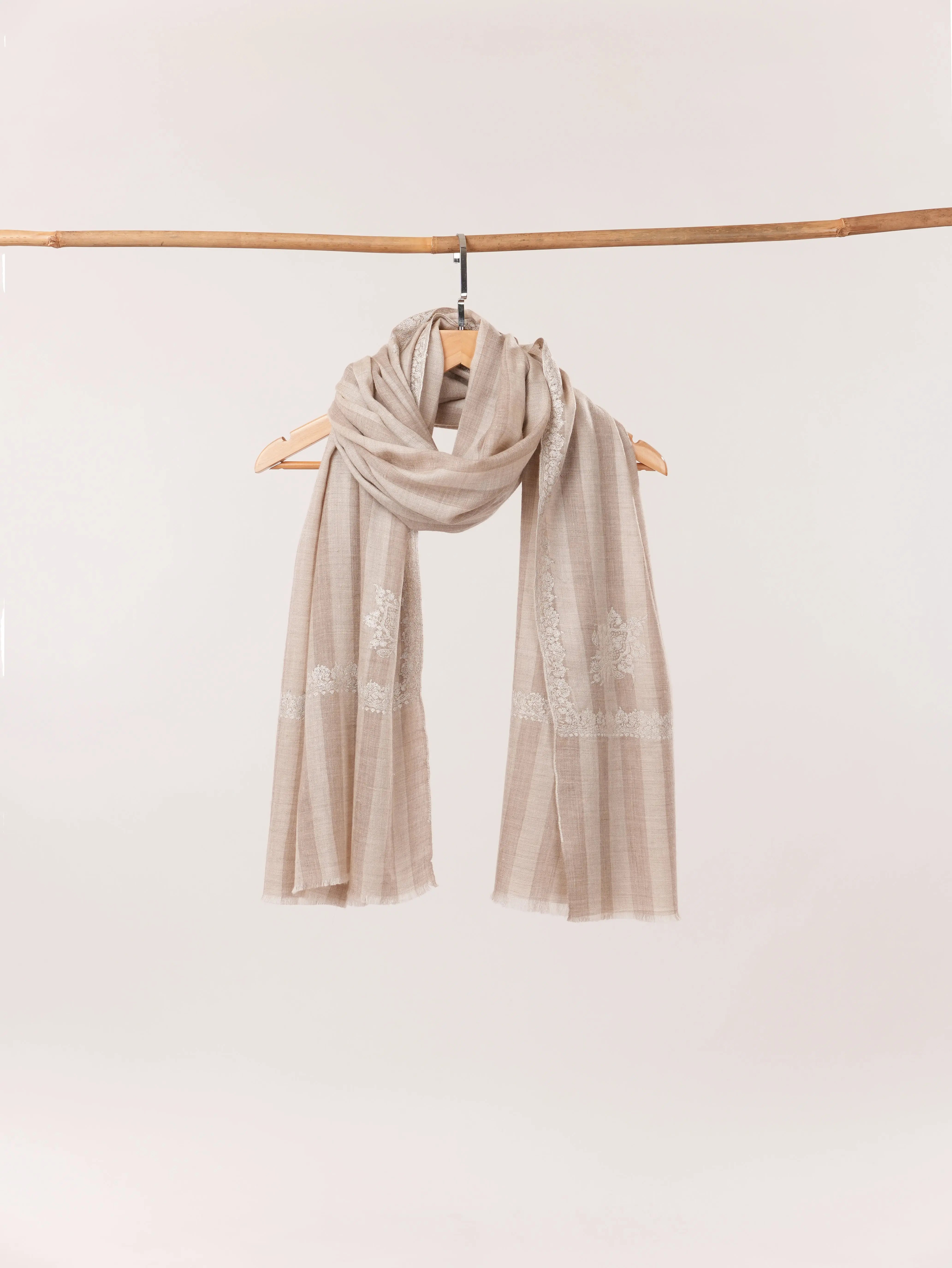 Natural White Taupe Kashmiri Handwoven Soft Pashmina Shawl with Hashia Embroidery Shahkaar.com