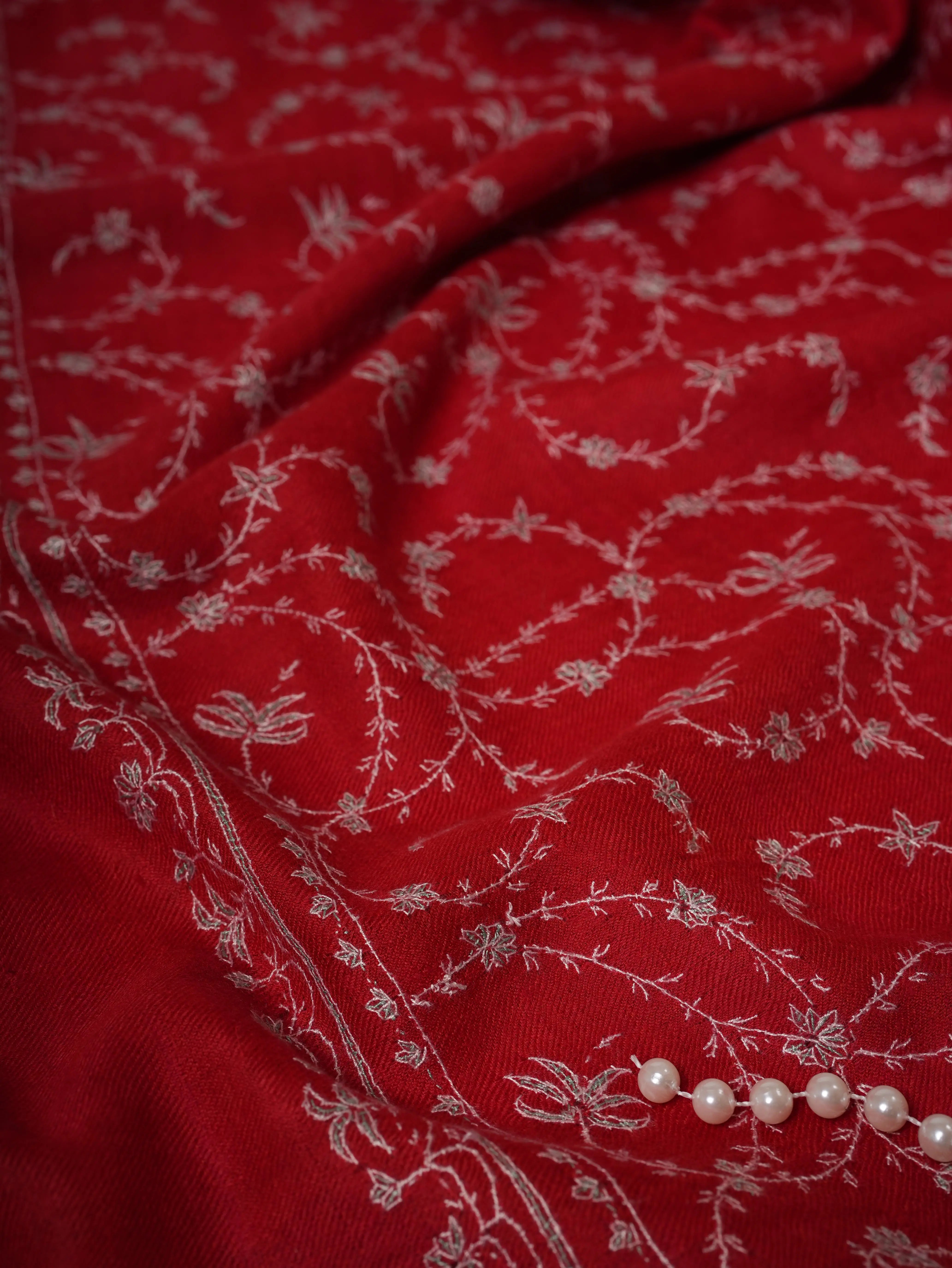 Red Featherlight Cashmere Scarf with All-Over Jali Sozni Embroidery Shahkaar