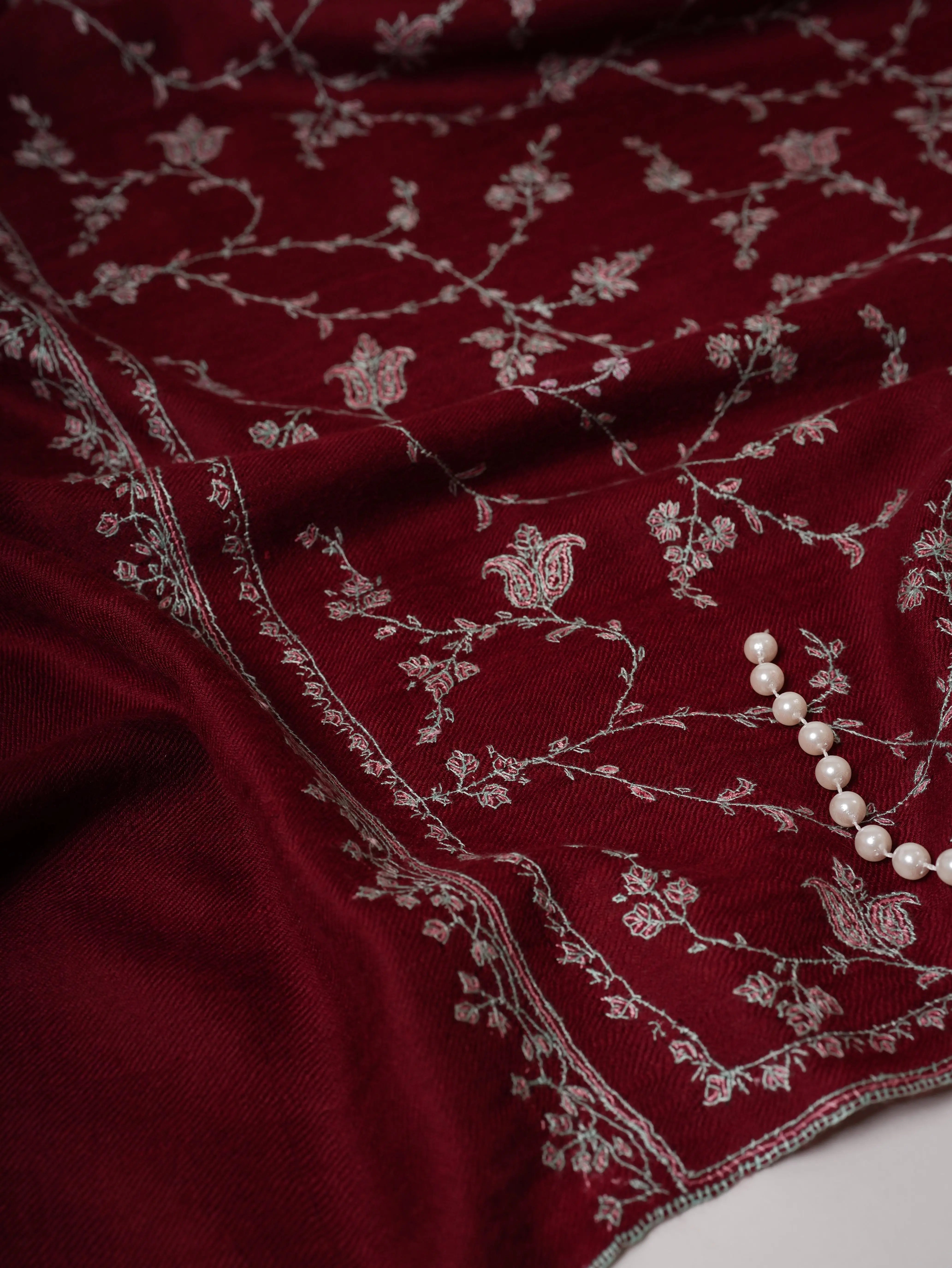 Maroon Featherlight Cashmere Scarf with All Over Sozni Hand Embroidery Shahkaar