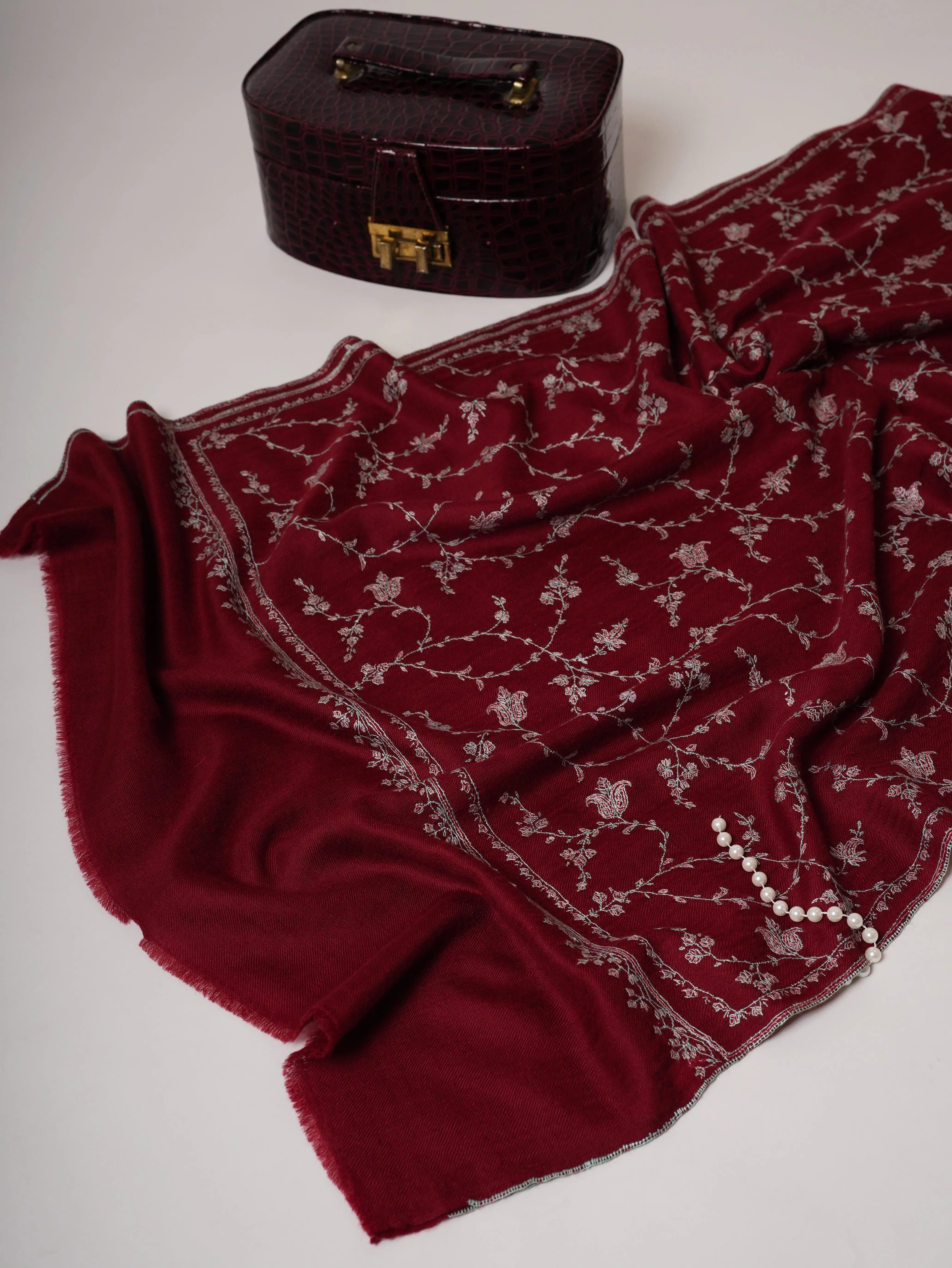 Maroon Featherlight Cashmere Scarf with All Over Sozni Hand Embroidery Shahkaar
