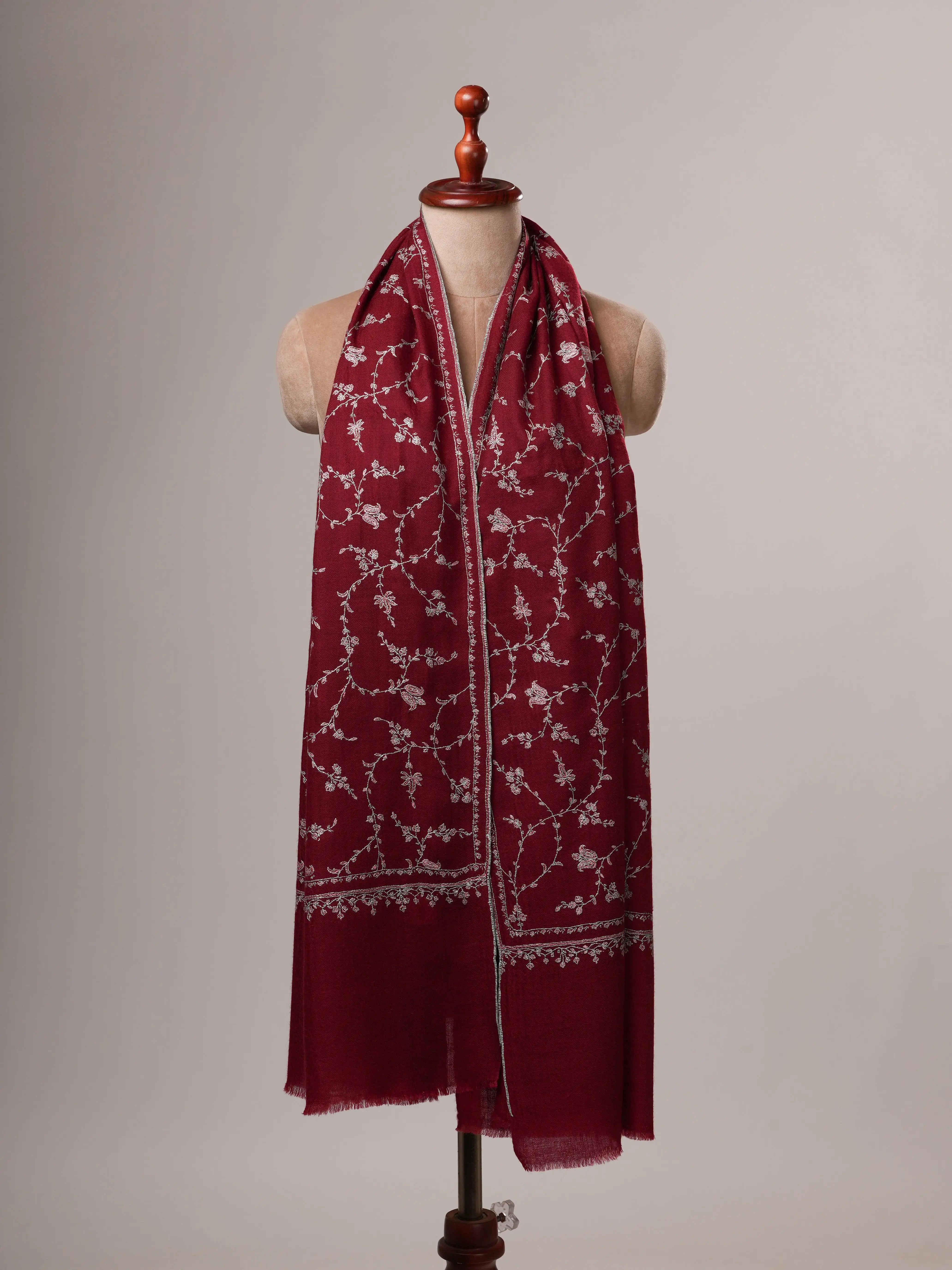 Maroon Featherlight Cashmere Scarf with All Over Sozni Hand Embroidery Shahkaar