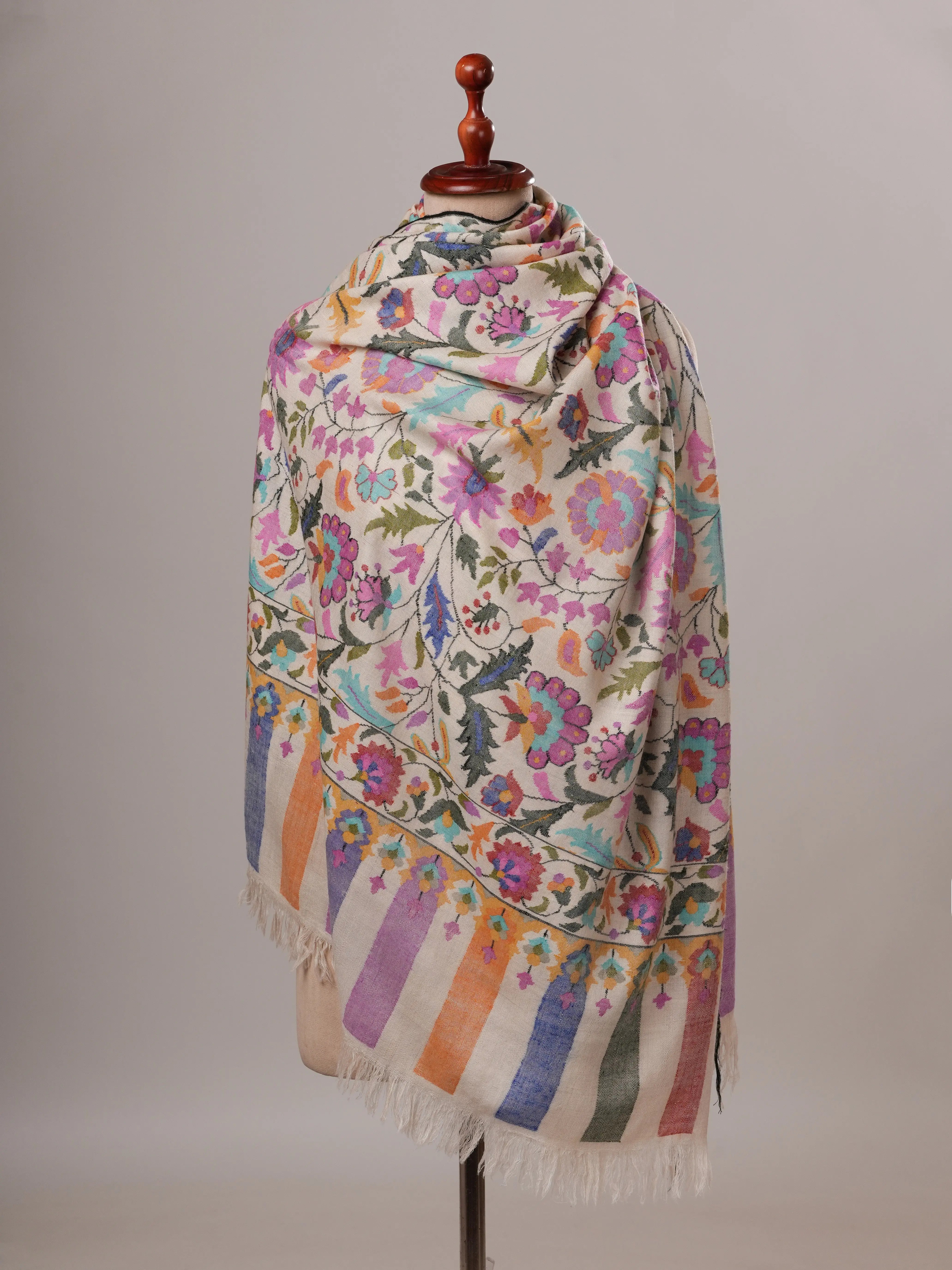 Ivory Floral Handwoven Pure Kani Pashmina Shawl Shahkaar Global