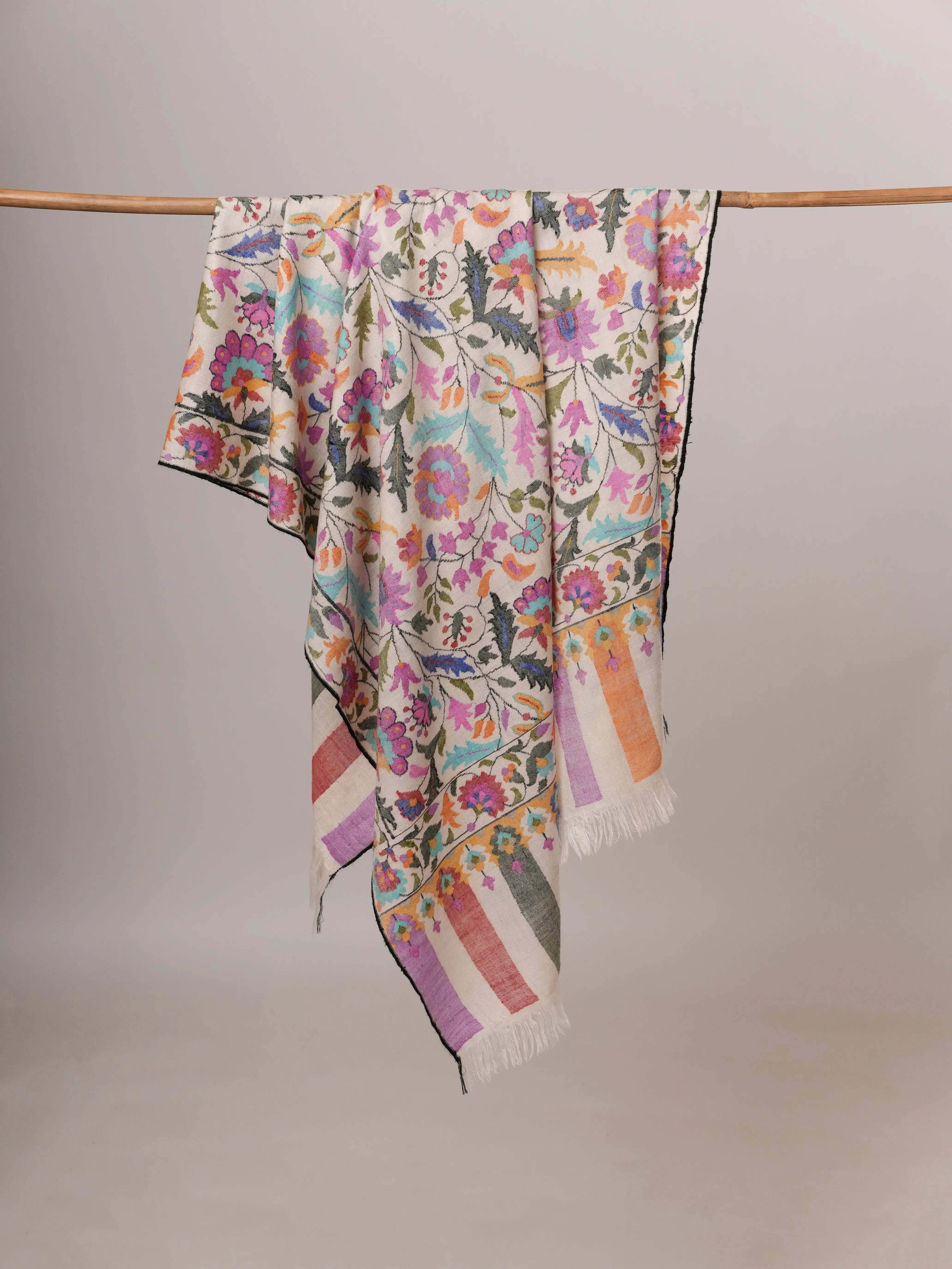 Ivory Floral Handwoven Pure Kani Pashmina Shawl Shahkaar Global