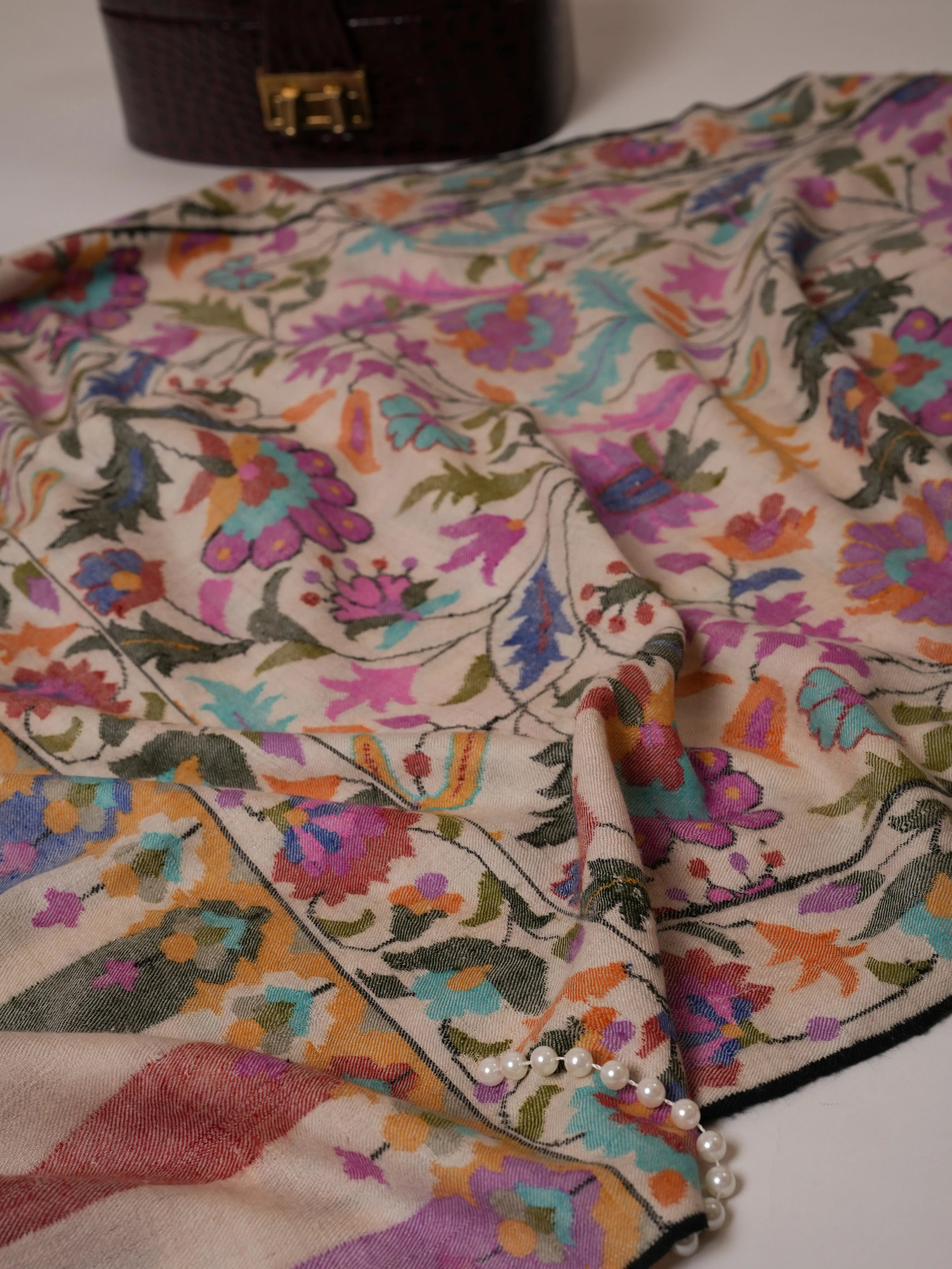 Ivory Floral Handwoven Pure Kani Pashmina Shawl Shahkaar Global