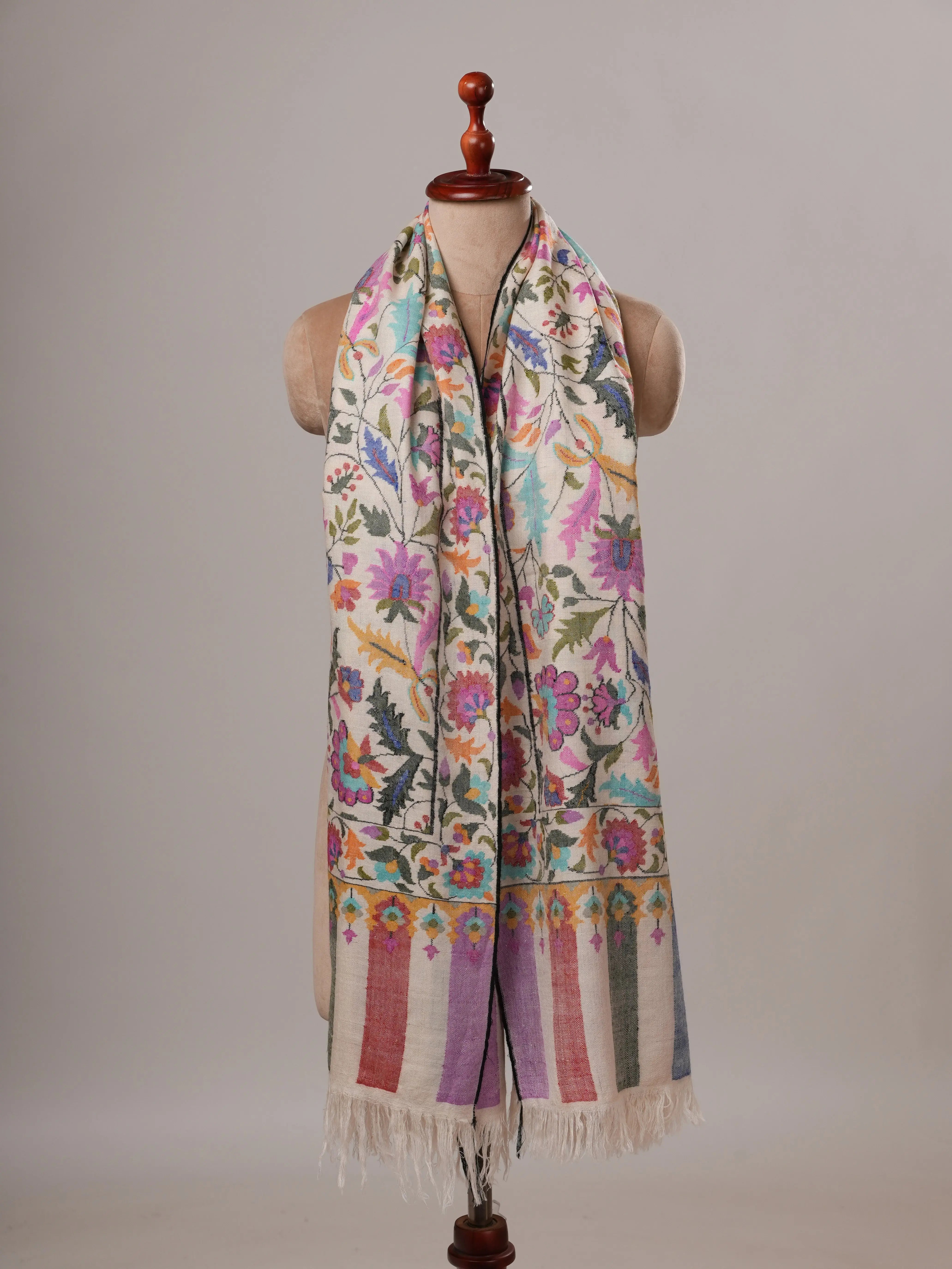 Ivory Floral Handwoven Pure Kani Pashmina Shawl Shahkaar Global