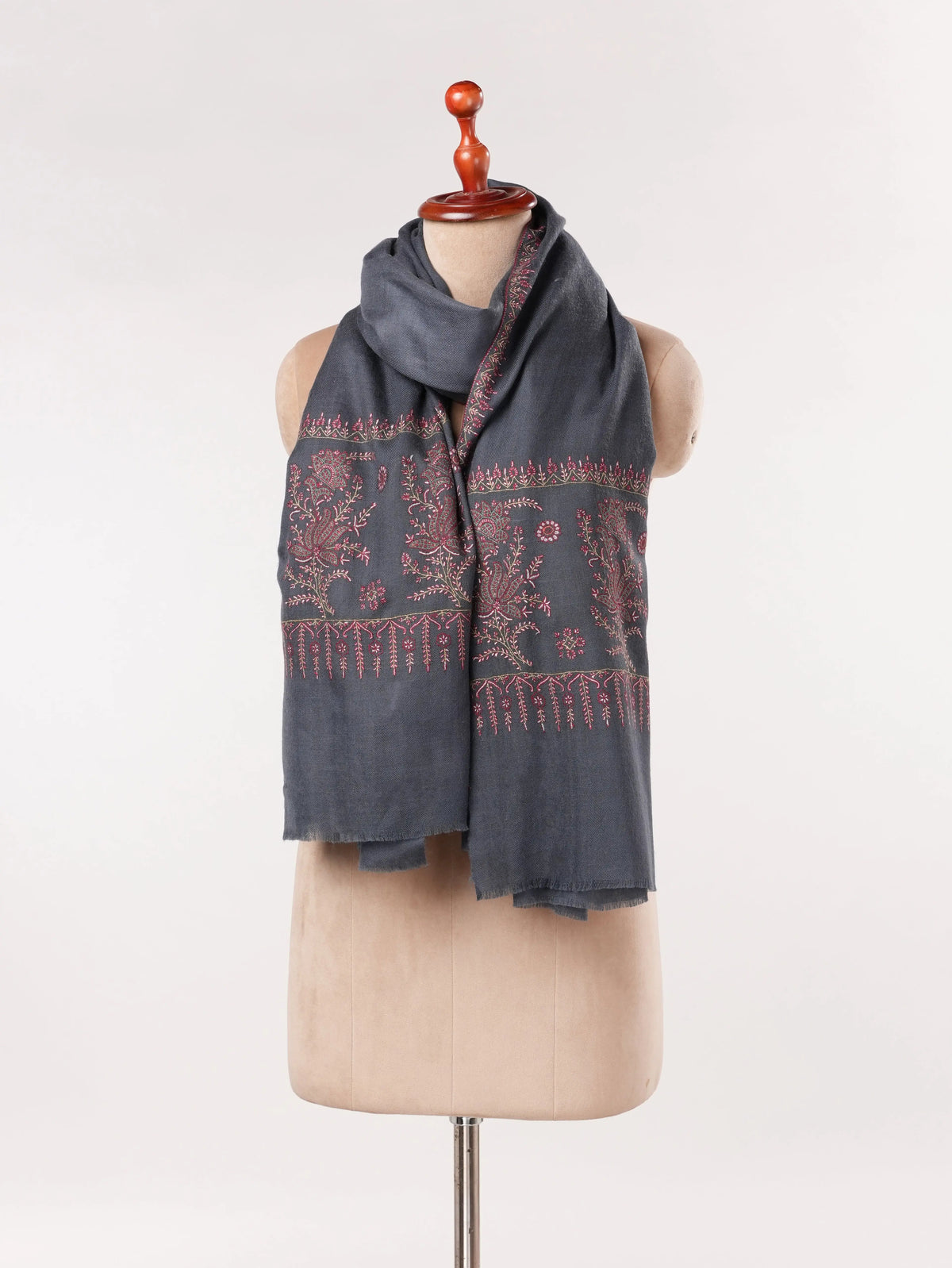 Dark Grey Kashmiri Shawl in Handwoven Pashmina with Palldar Hand Sozni Embroidery Shahkaar.com