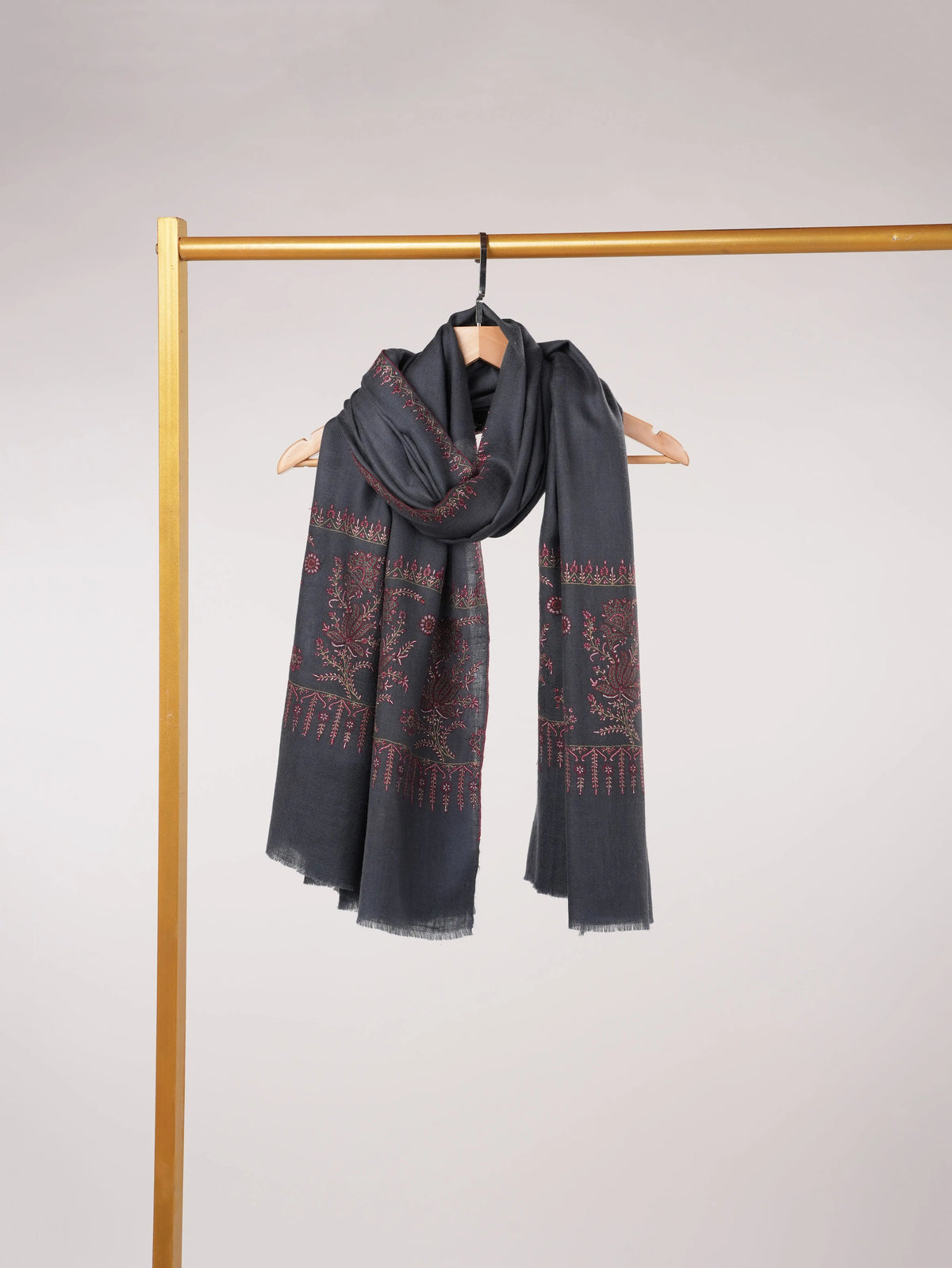 Dark Grey Kashmiri Shawl in Handwoven Pashmina with Palldar Hand Sozni Embroidery Shahkaar.com
