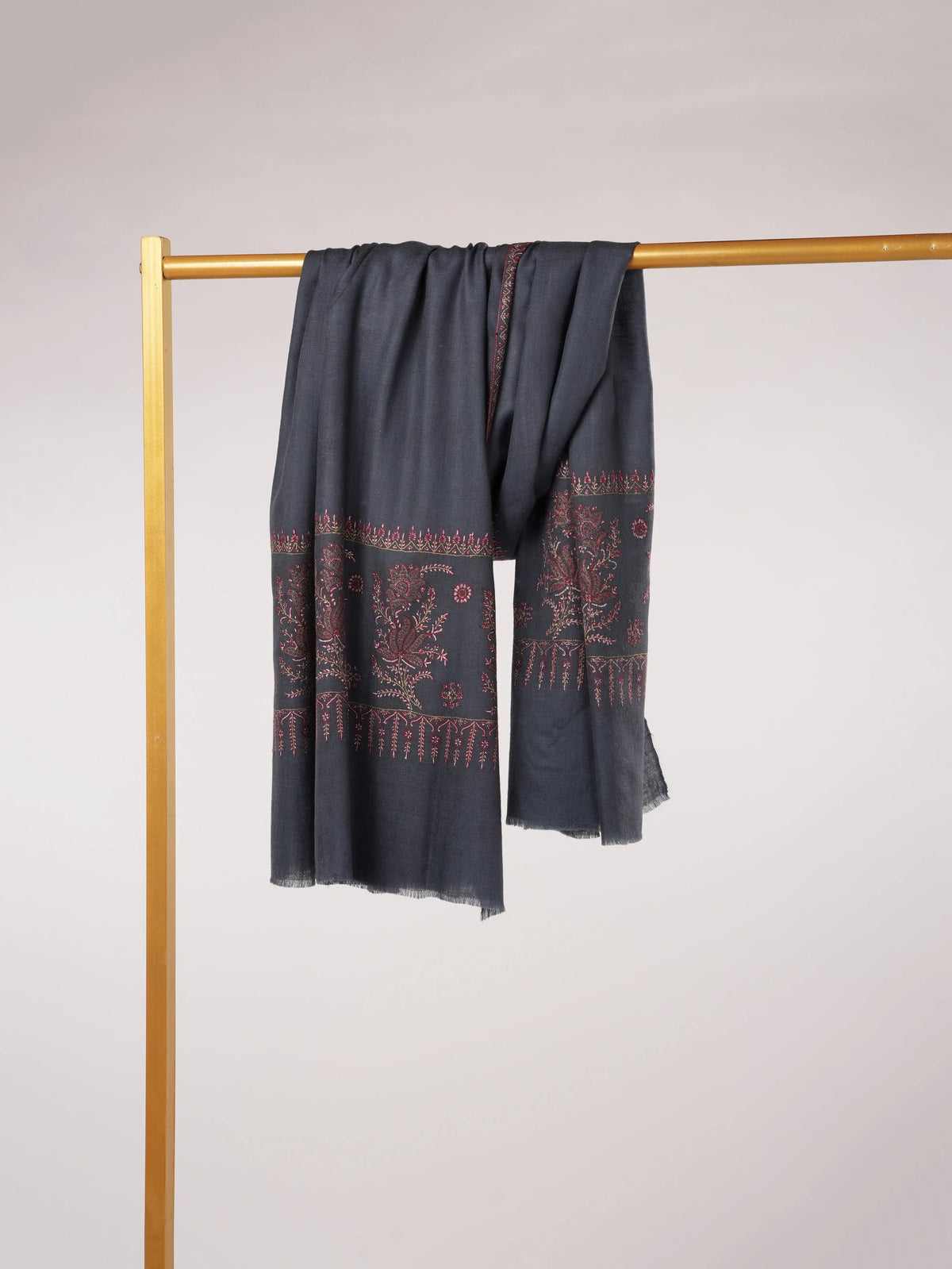 Dark Grey Kashmiri Shawl in Handwoven Pashmina with Palldar Hand Sozni Embroidery Shahkaar.com