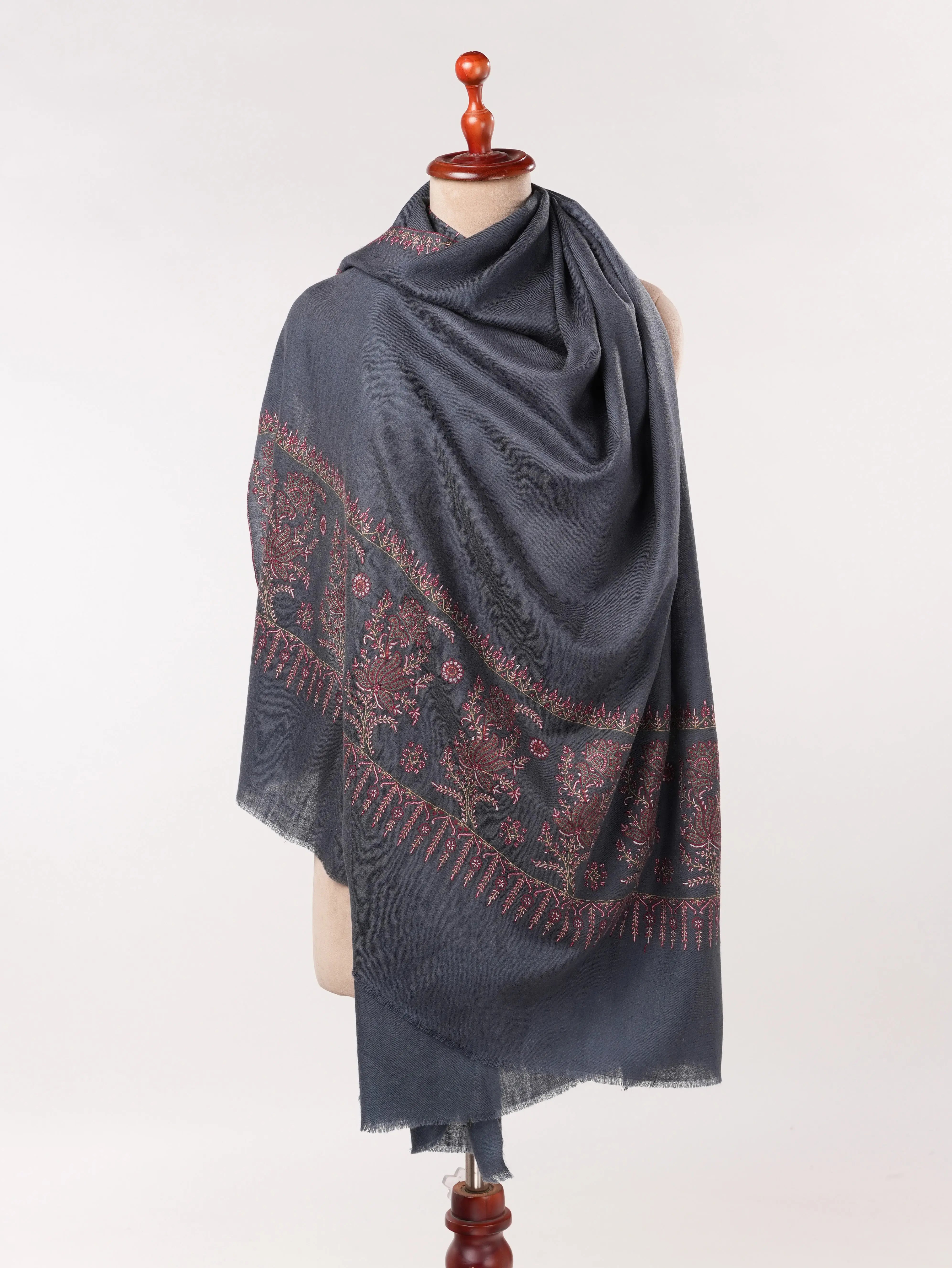 Dark Grey Kashmiri Shawl in Handwoven Pashmina with Palldar Hand Sozni Embroidery Shahkaar.com