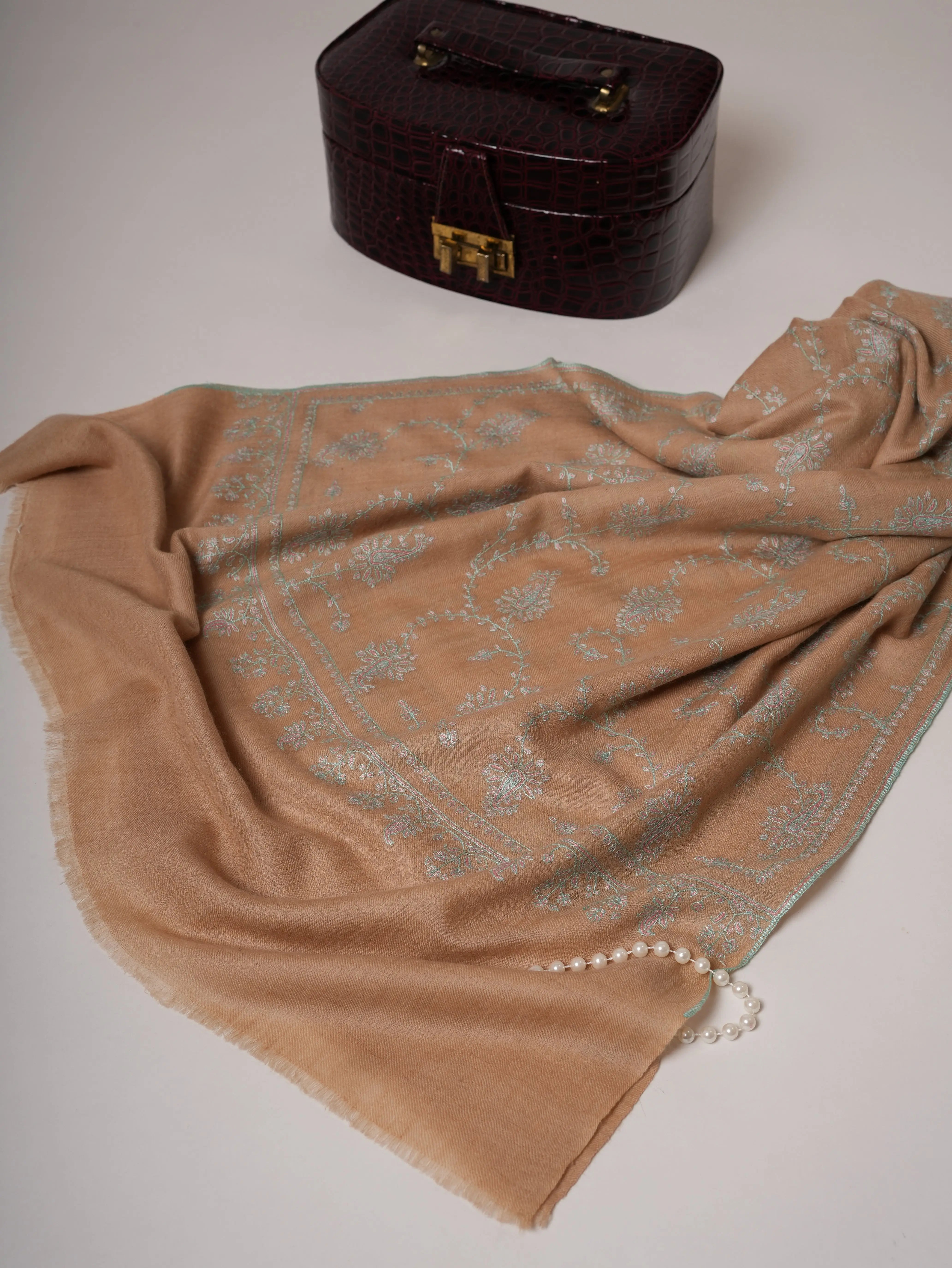 Tan Cashmere Scarf with All-Over Sozni Embroidery Shahkaar