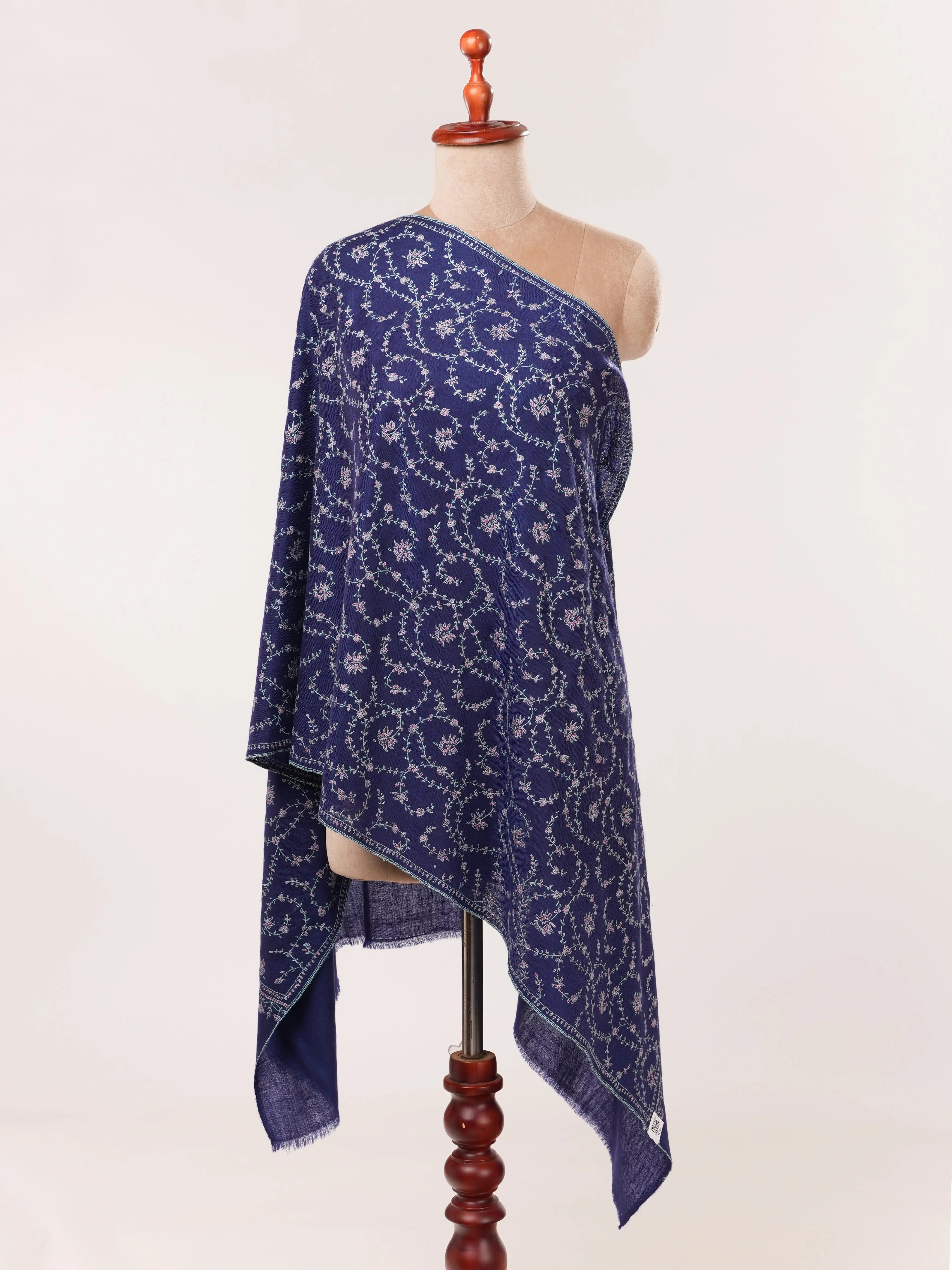 Navy Blue Featherlight Cashmere Scarf with Hand Embroidery Shahkaar.com