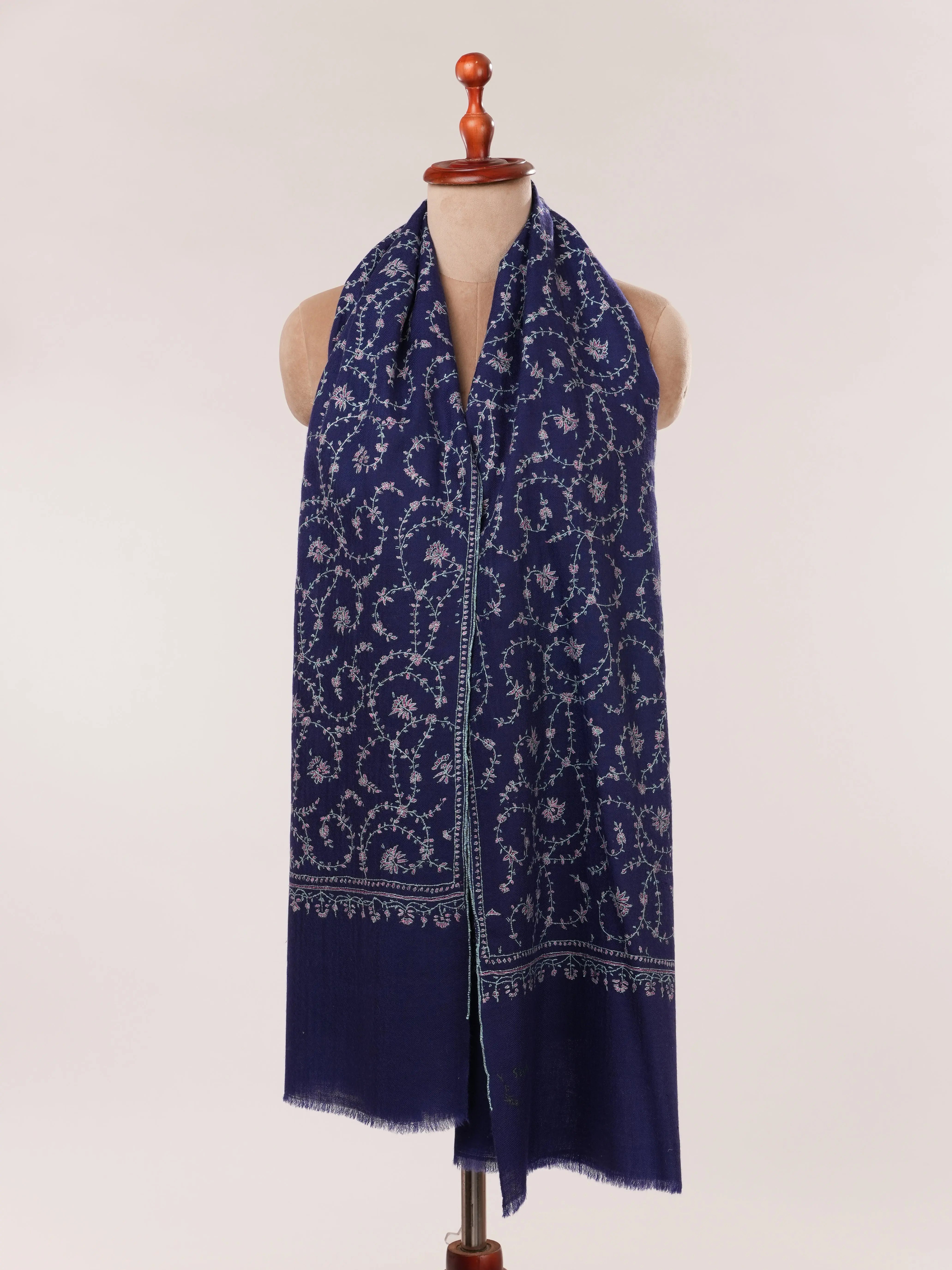 Navy Blue Featherlight Cashmere Scarf with Hand Embroidery Shahkaar.com
