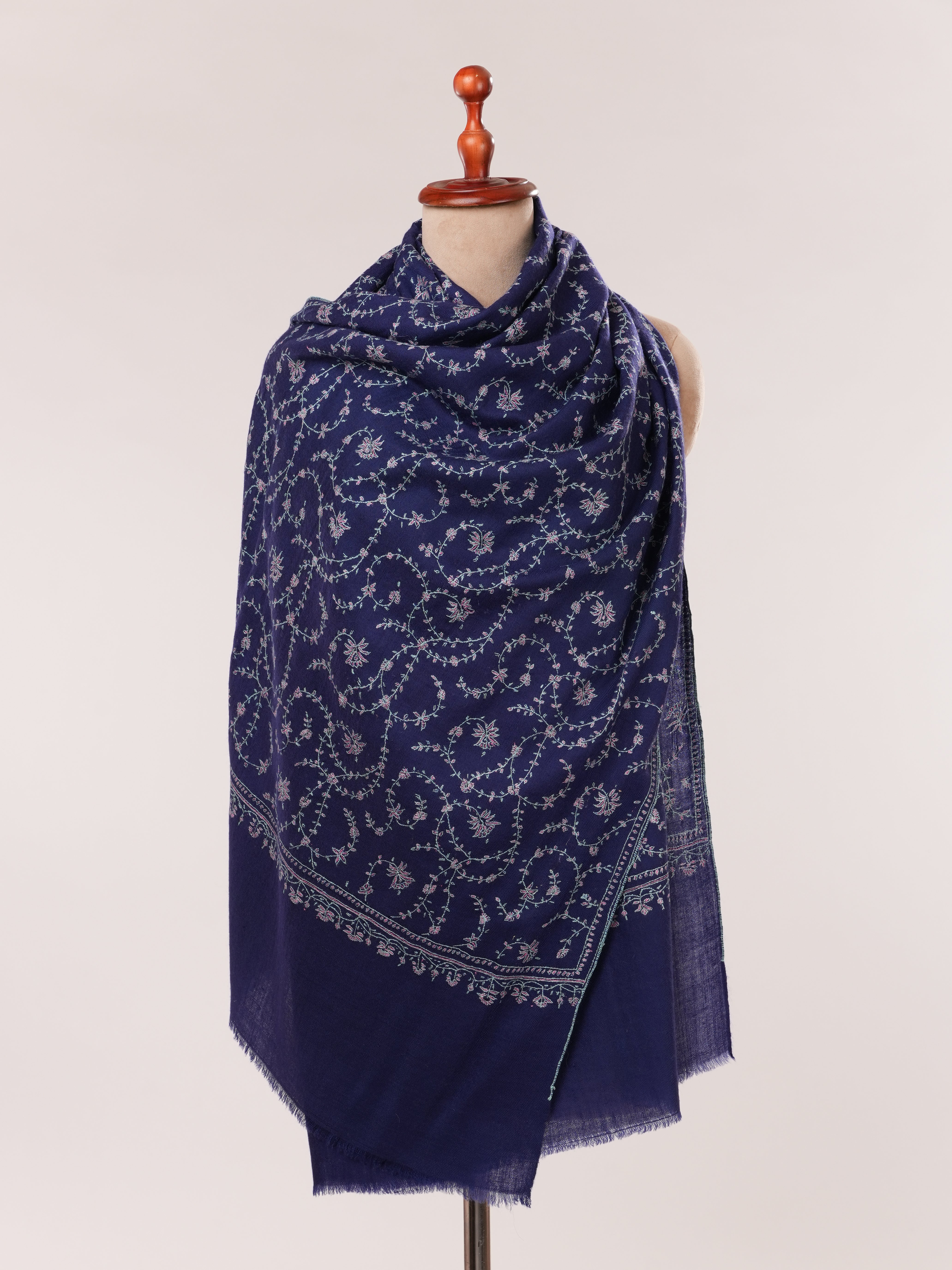 Navy Blue Featherlight Cashmere Scarf with Hand Embroidery Shahkaar.com
