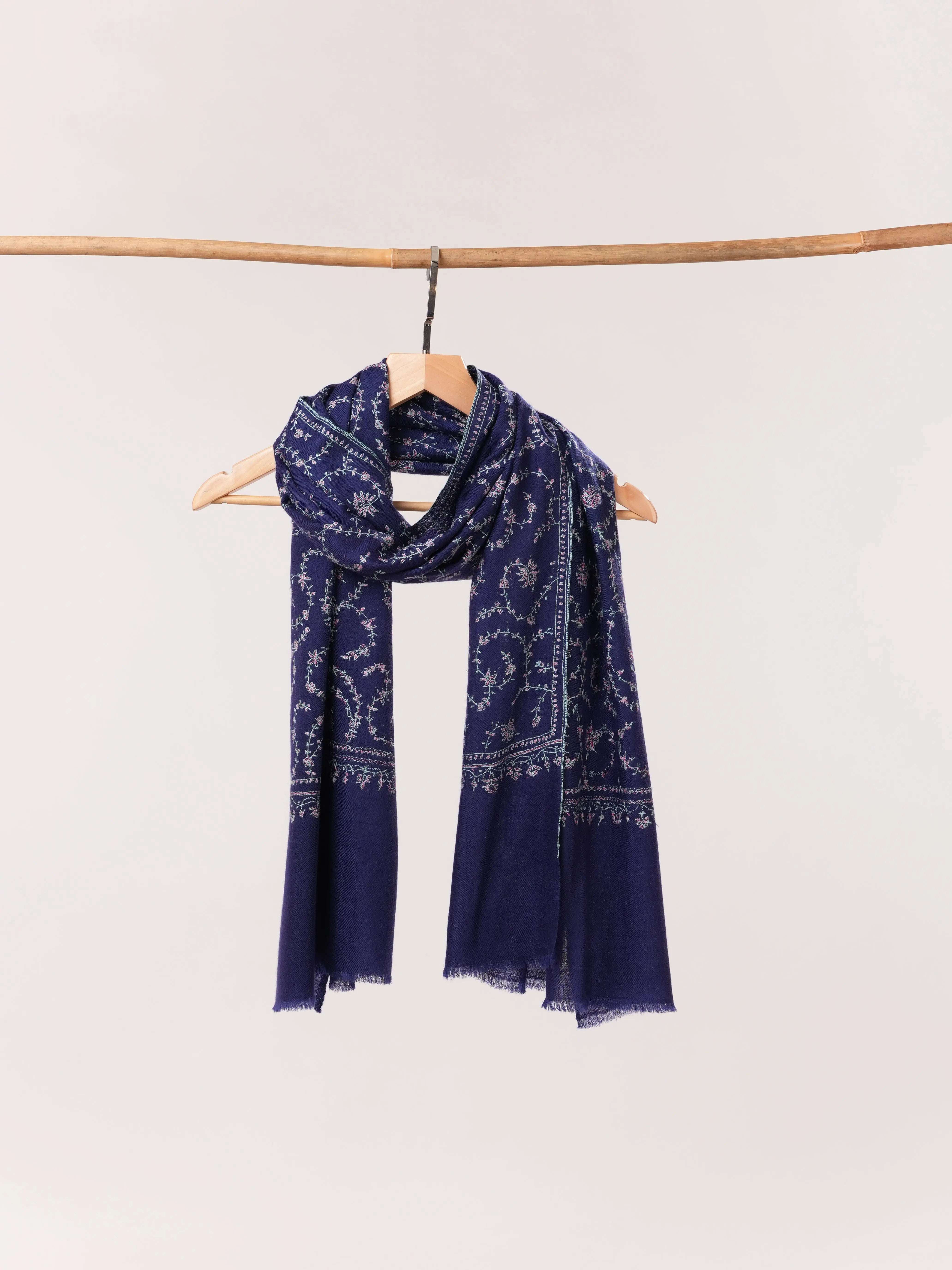 Navy Blue Featherlight Cashmere Scarf with Hand Embroidery Shahkaar.com