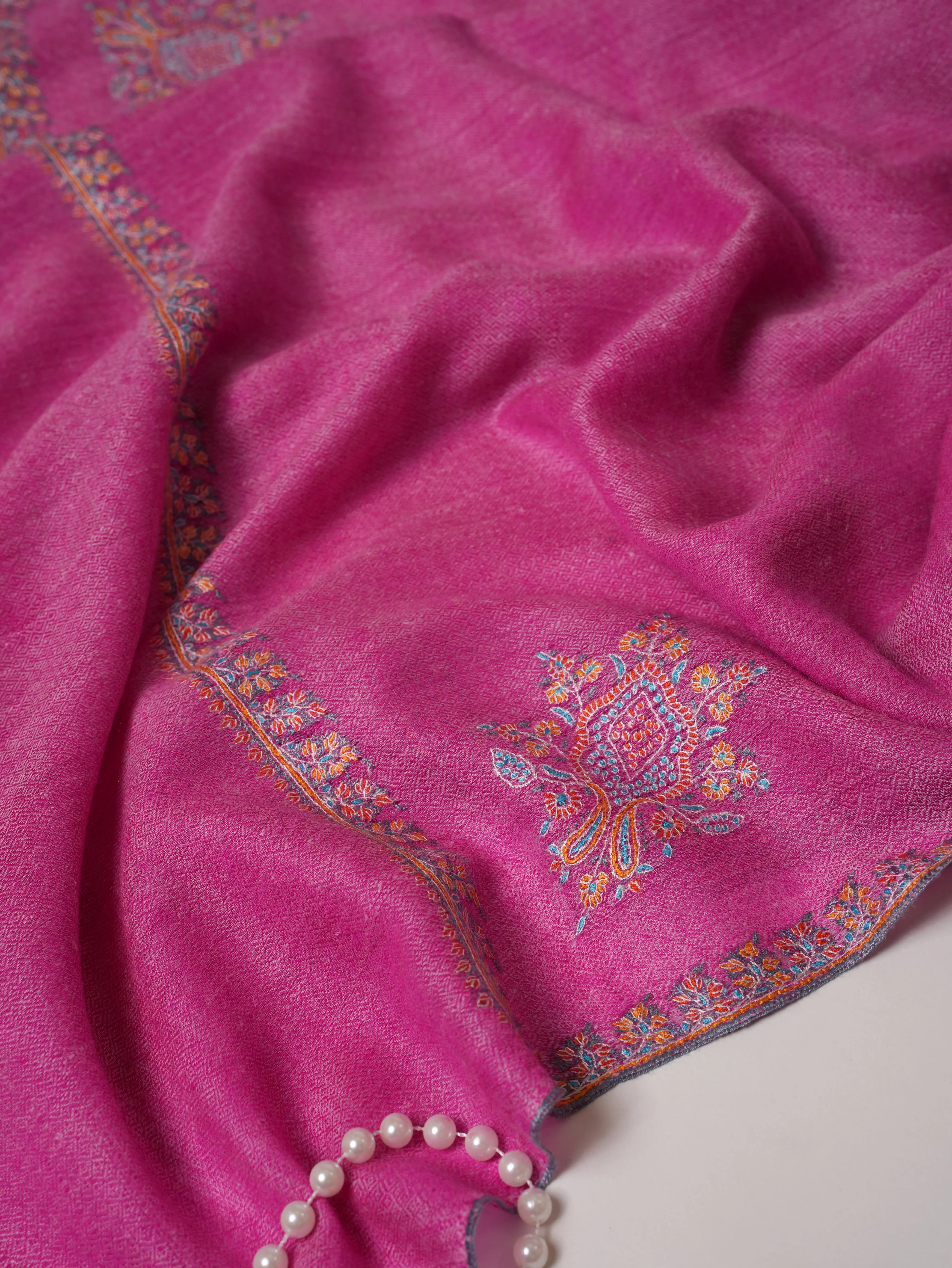 Magenta Hashia Hand Embroidered Pure Pashmina Shawl Shahkaar.com