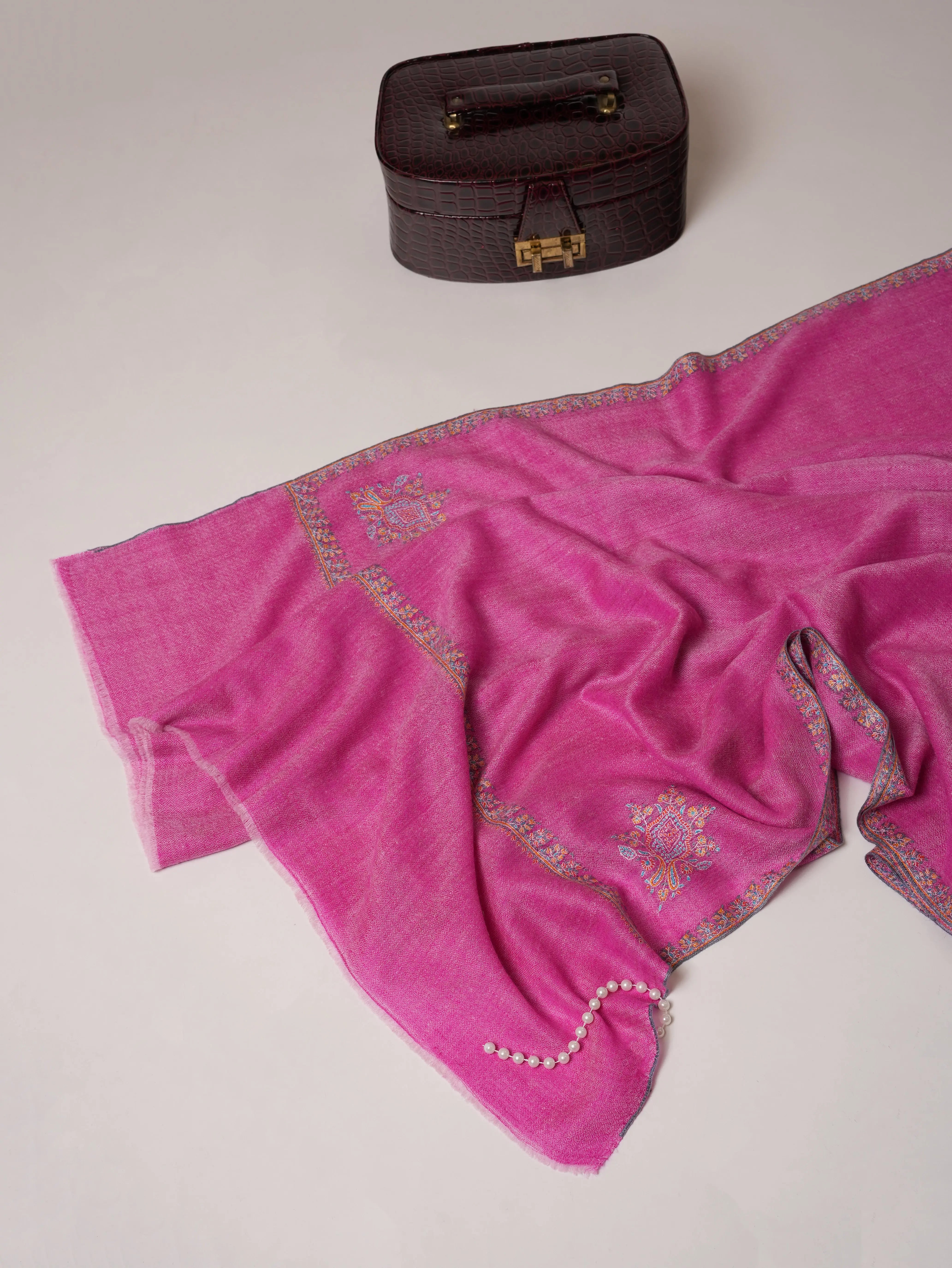 Magenta Hashia Hand Embroidered Pure Pashmina Shawl Shahkaar.com