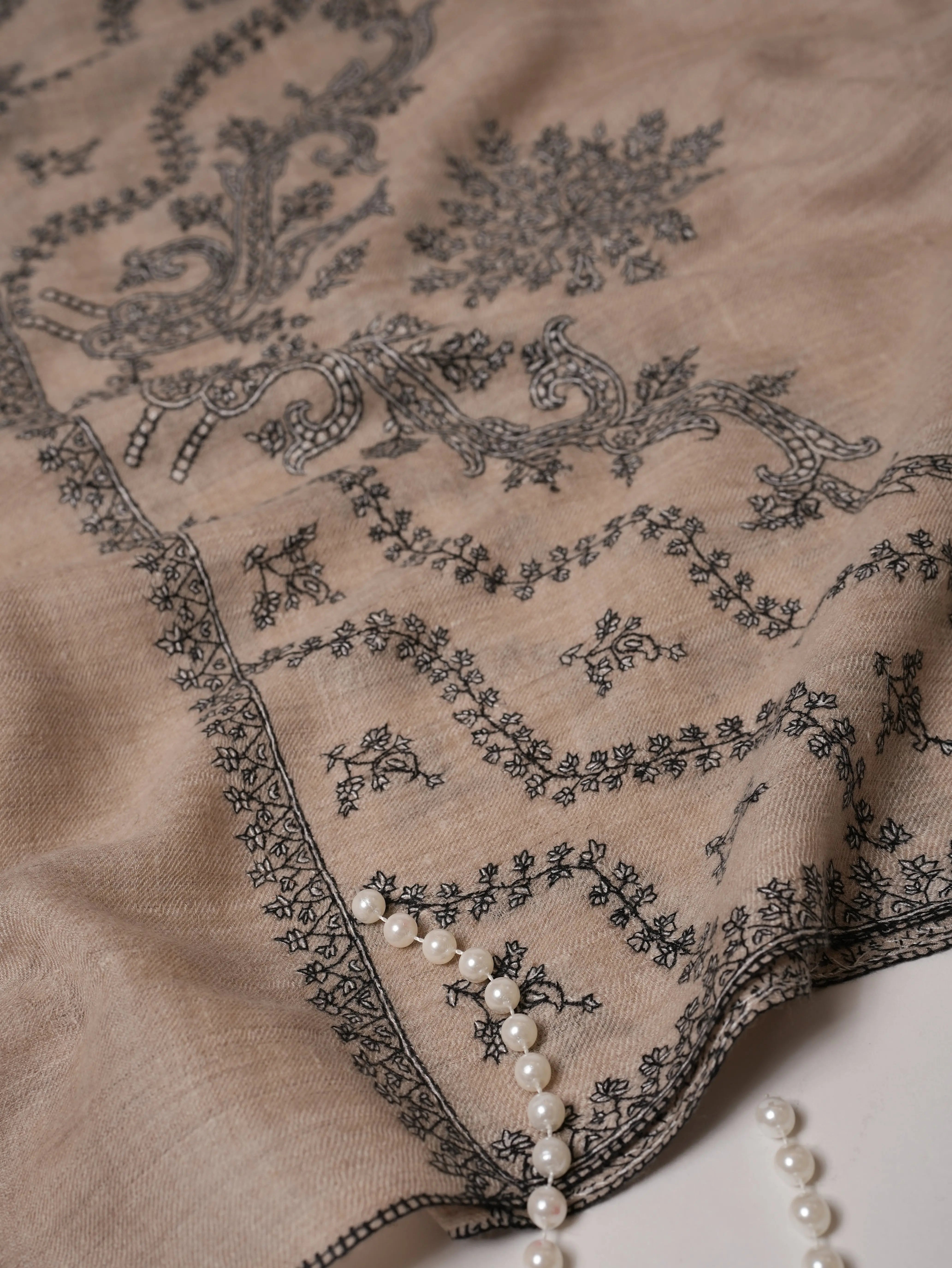 Natural Grey Cashmere Scarf with Palla Hand Embroidery Shahkaar.com