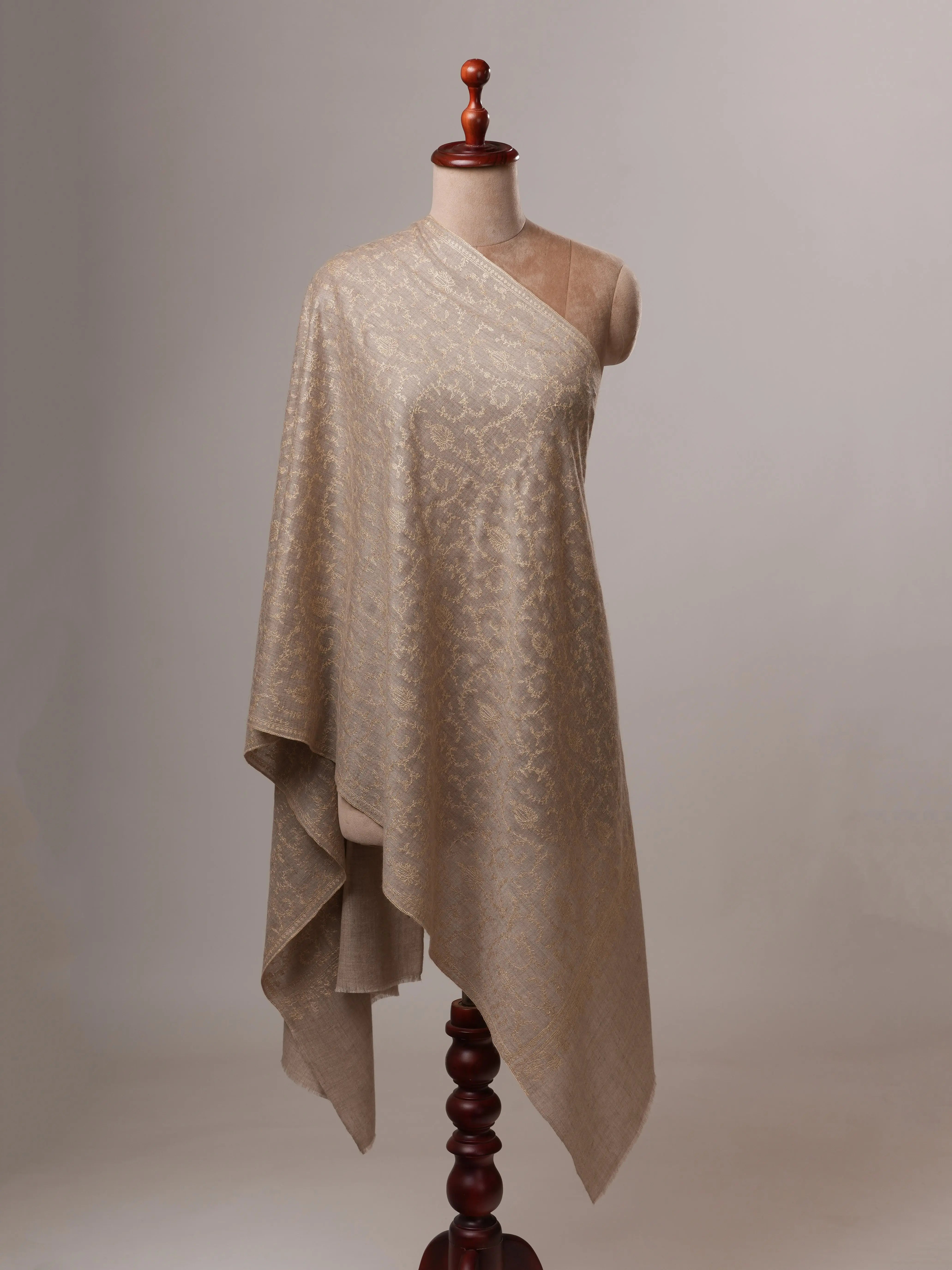 Natural Grey Cashmere Scarf with All-Over Beige Sozni Embroidery Shahkaar