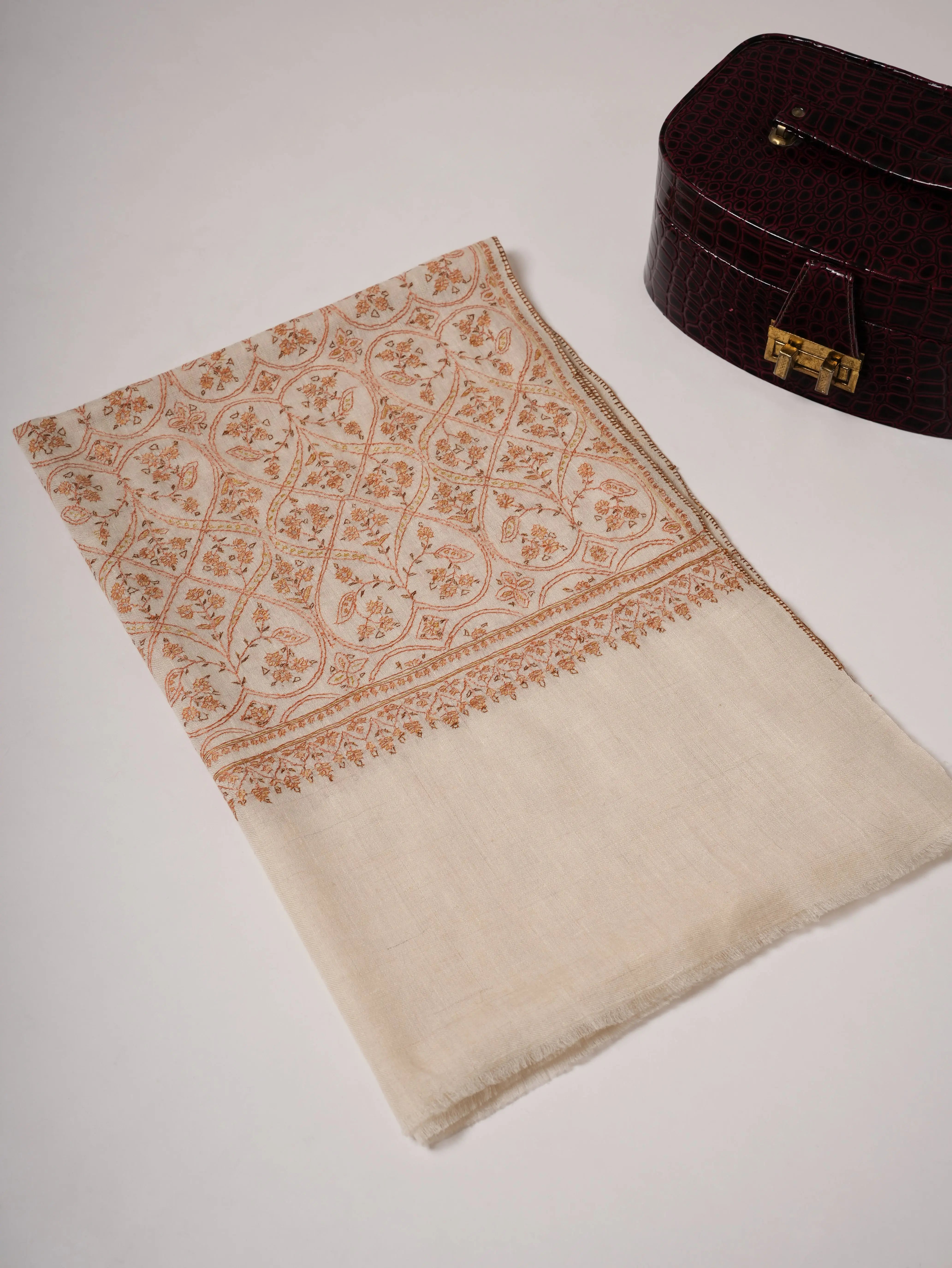 Natural White Handloomed Cashmere Scarf with Hand Embroidery Shahkaar