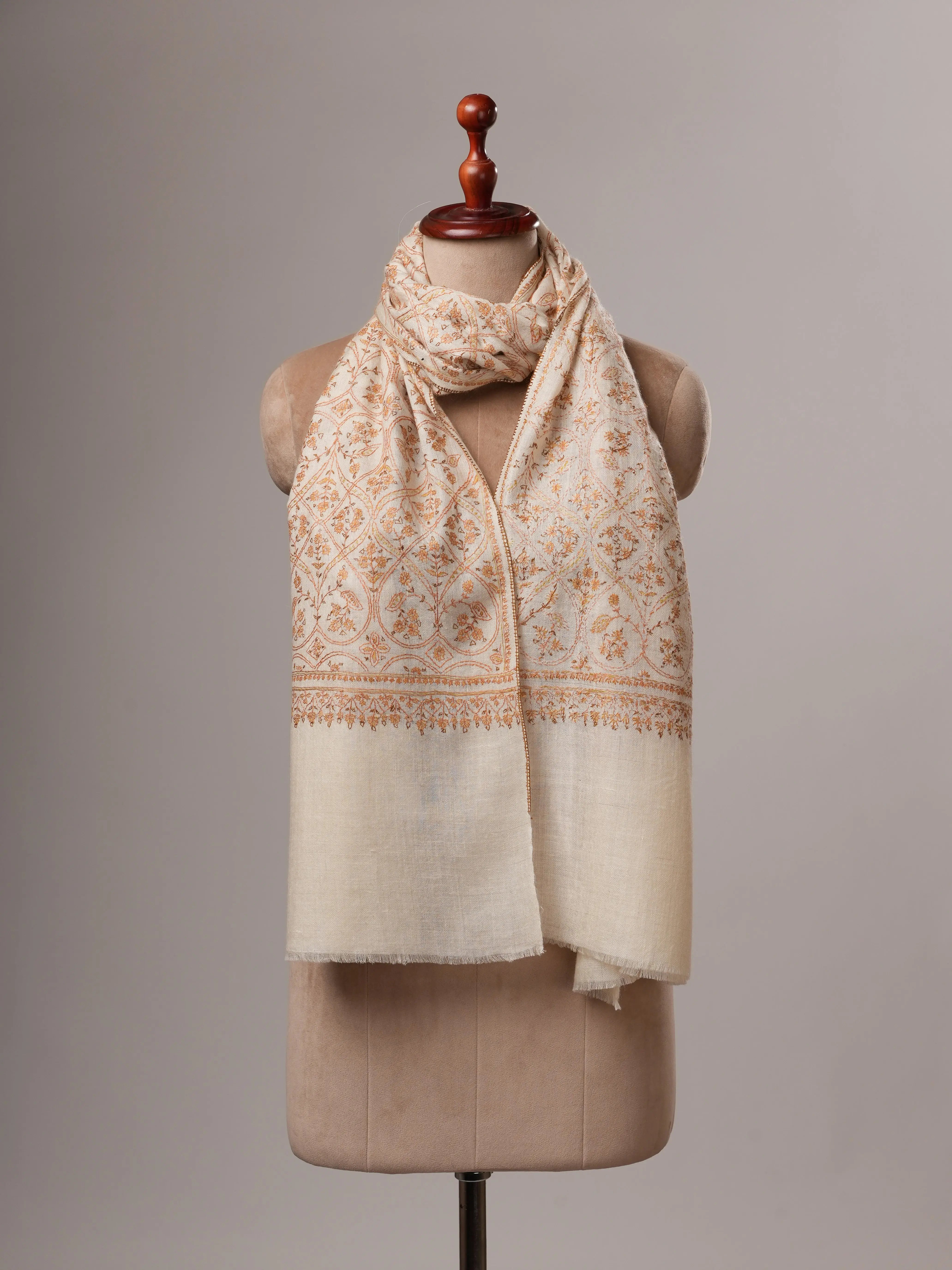 Natural White Handloomed Cashmere Scarf with Hand Embroidery Shahkaar