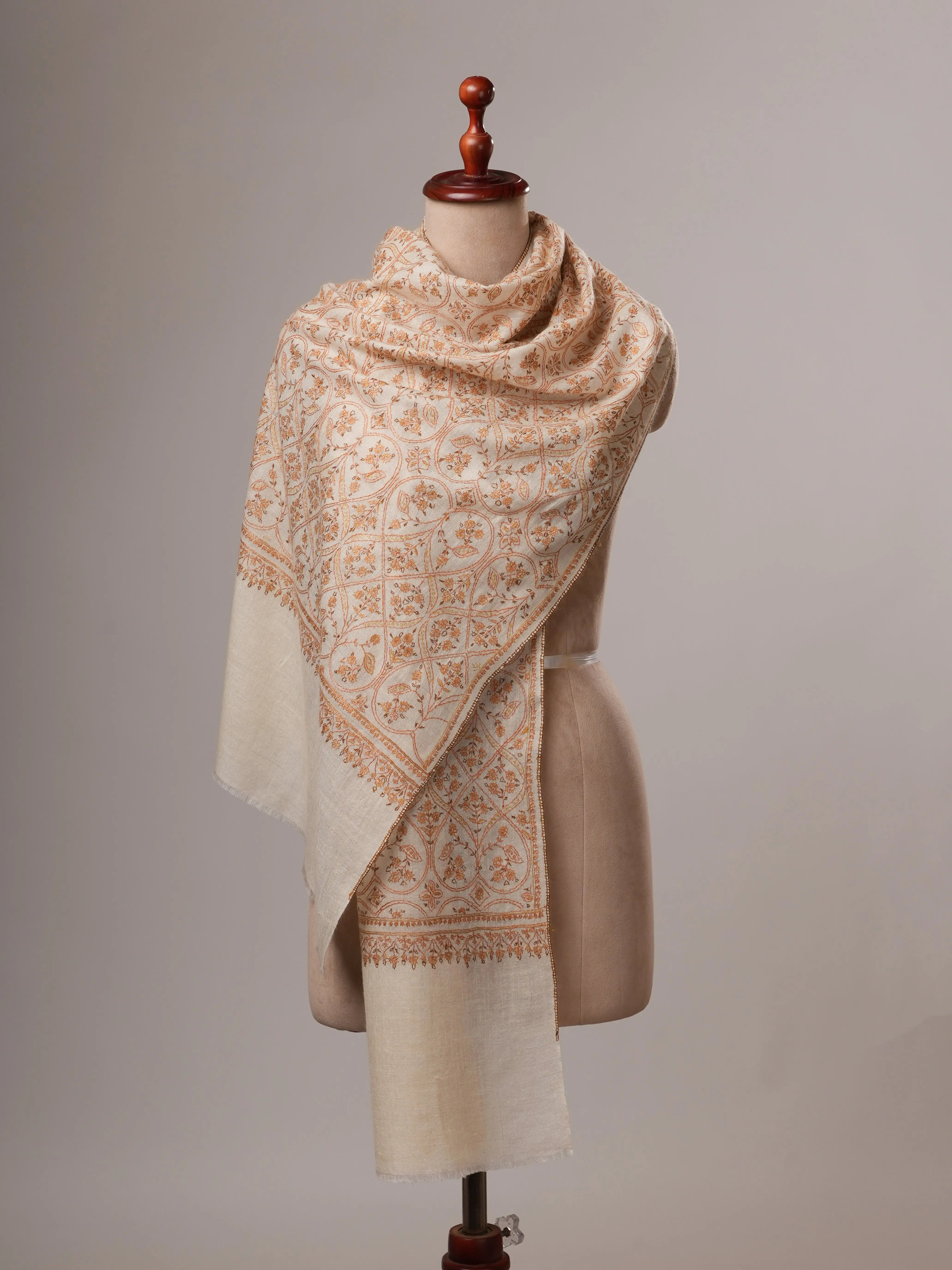 Natural White Handloomed Cashmere Scarf with Hand Embroidery Shahkaar
